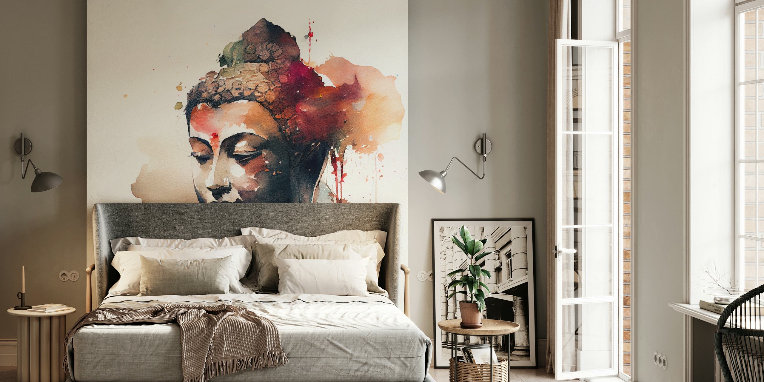 Watercolor Buddha wallpaper in a room