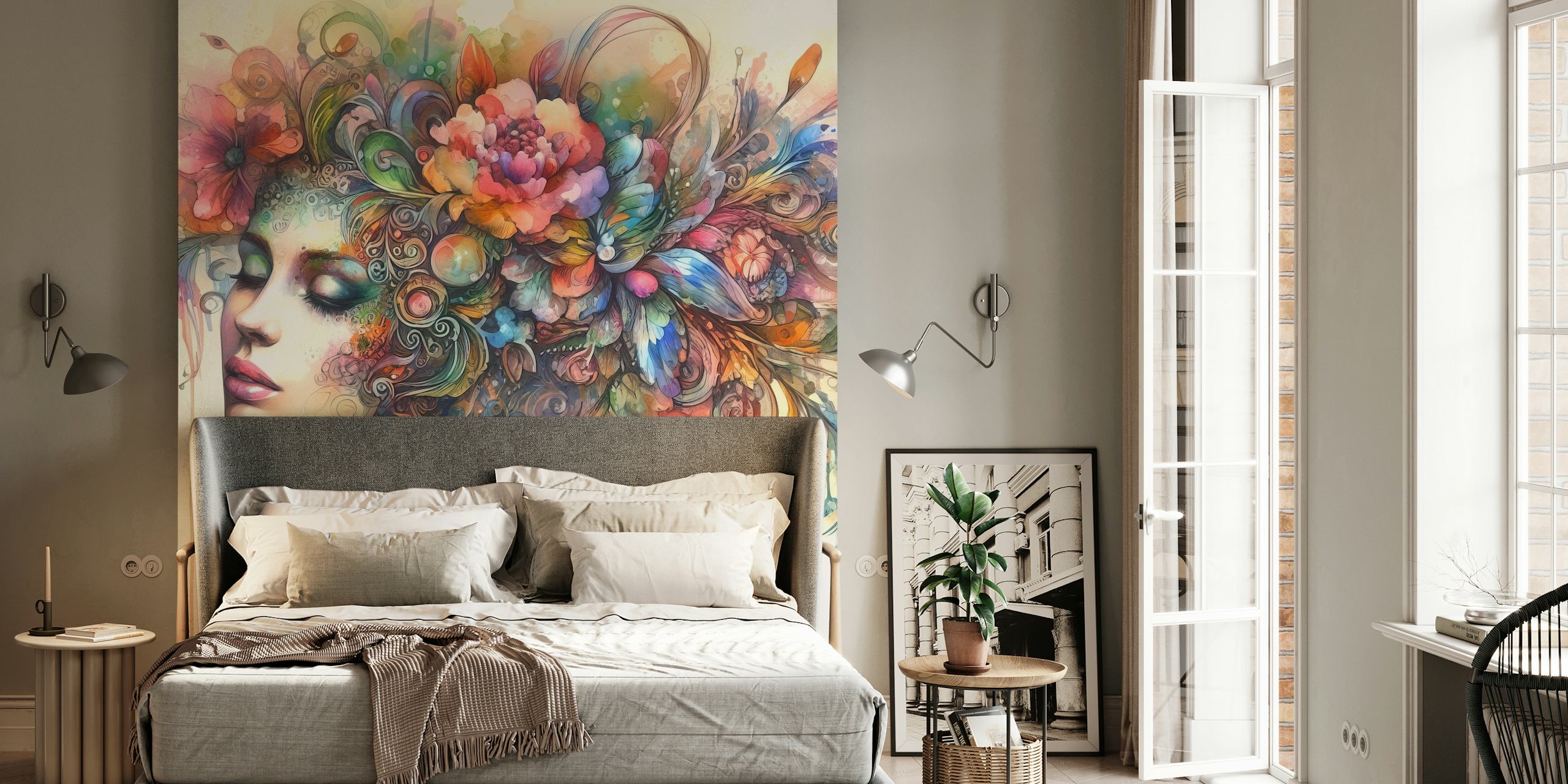 Kunstnerisk akvarellveggmaleri av en kvinne omgitt av blomsterdesign