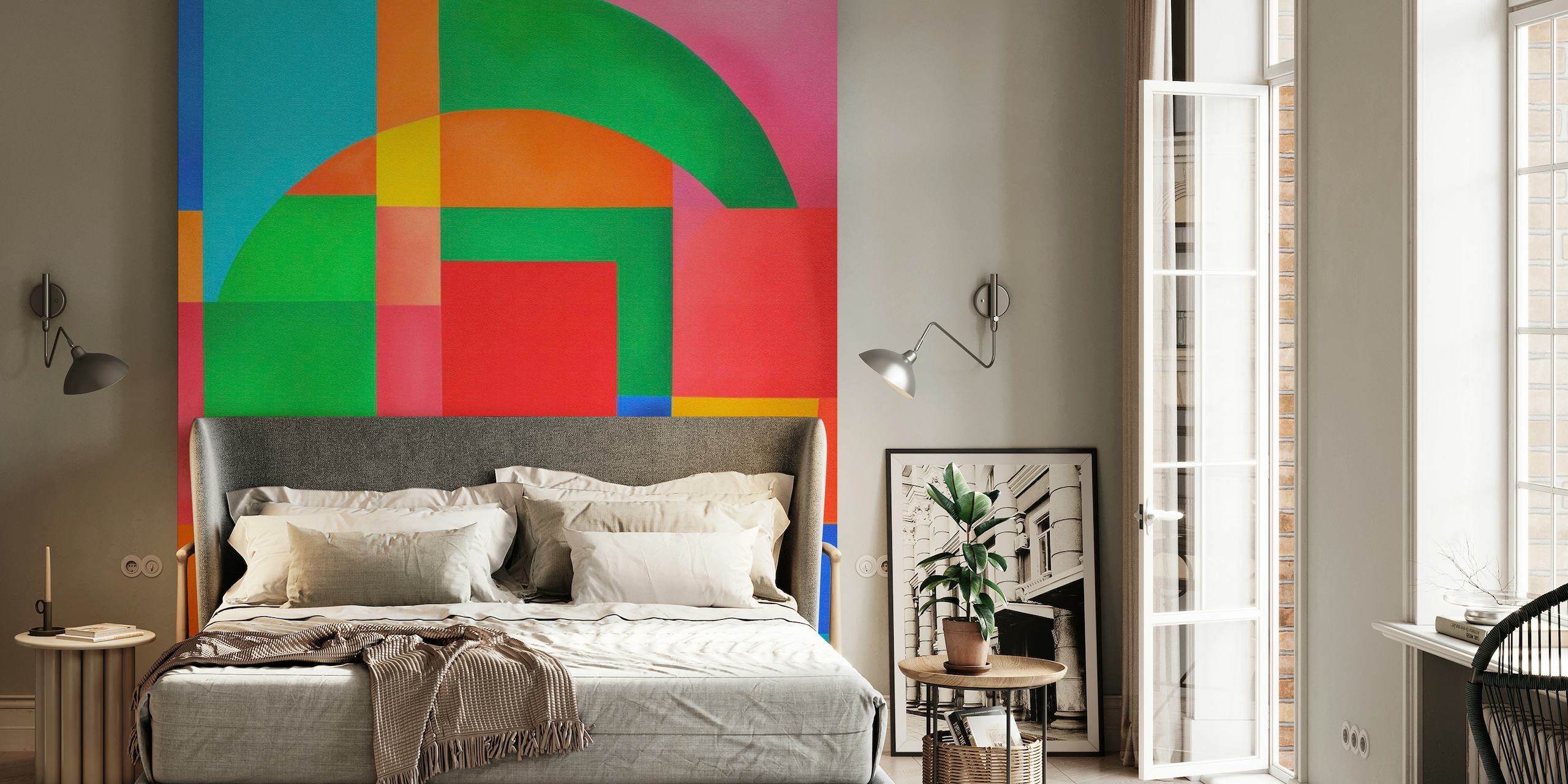 Kleurrijke geometrische vormen muurschildering met een retro design