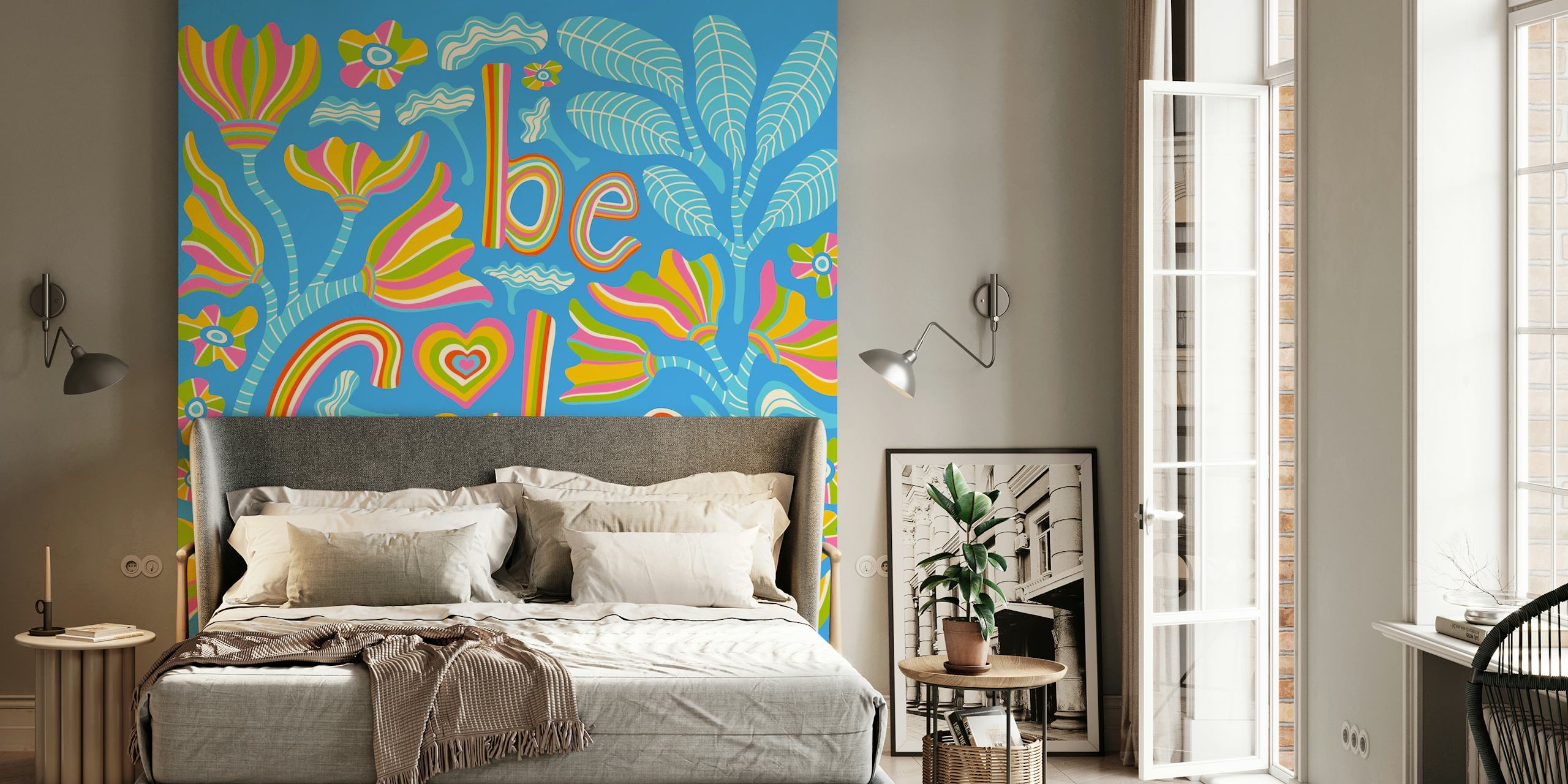 Colorful flowers and lettering saying 'Be Calm' on vibrant blue wallpaper