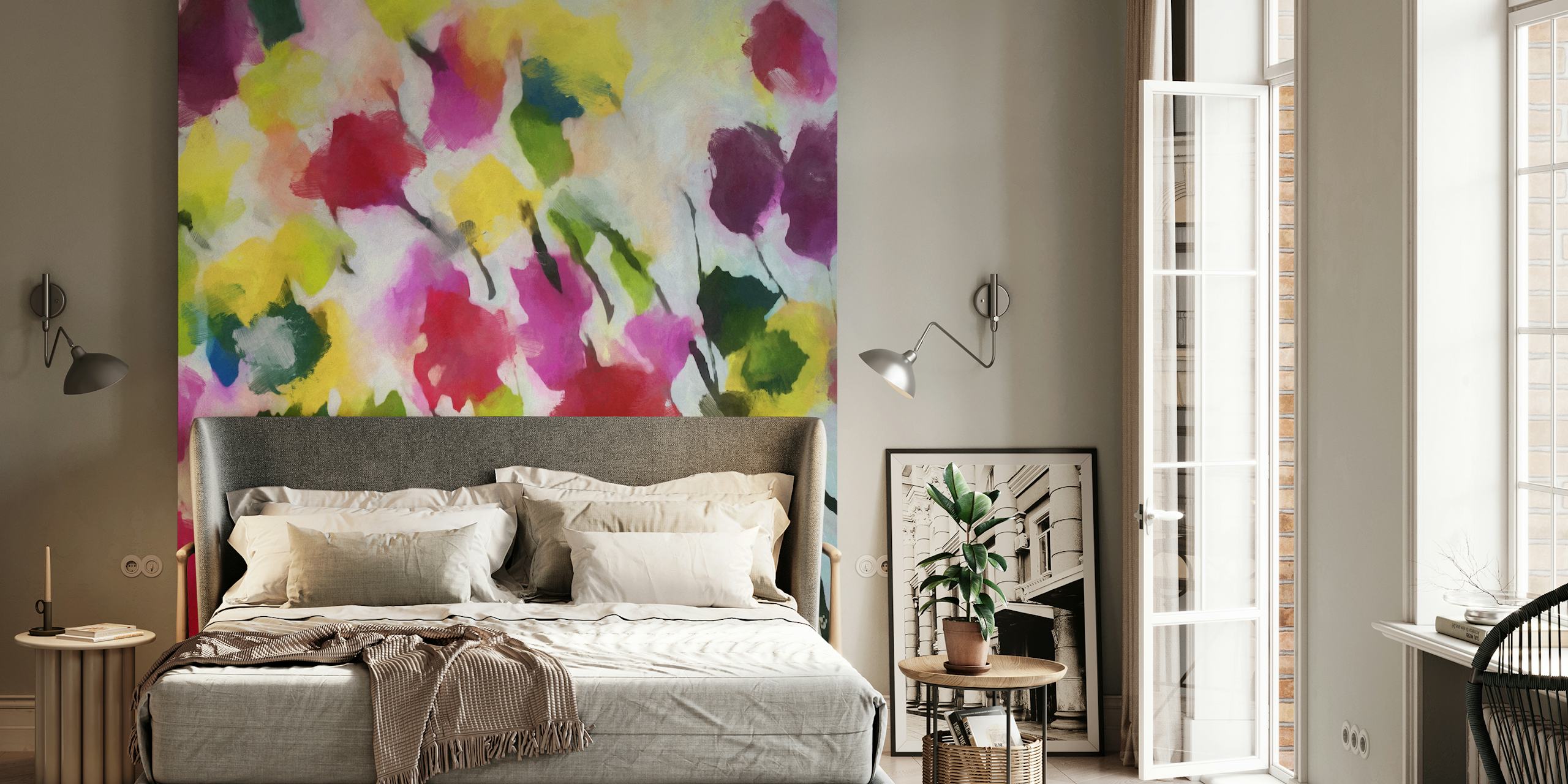Floral pattern with pink, yellow, and green colors on a soft backdrop wallpaper