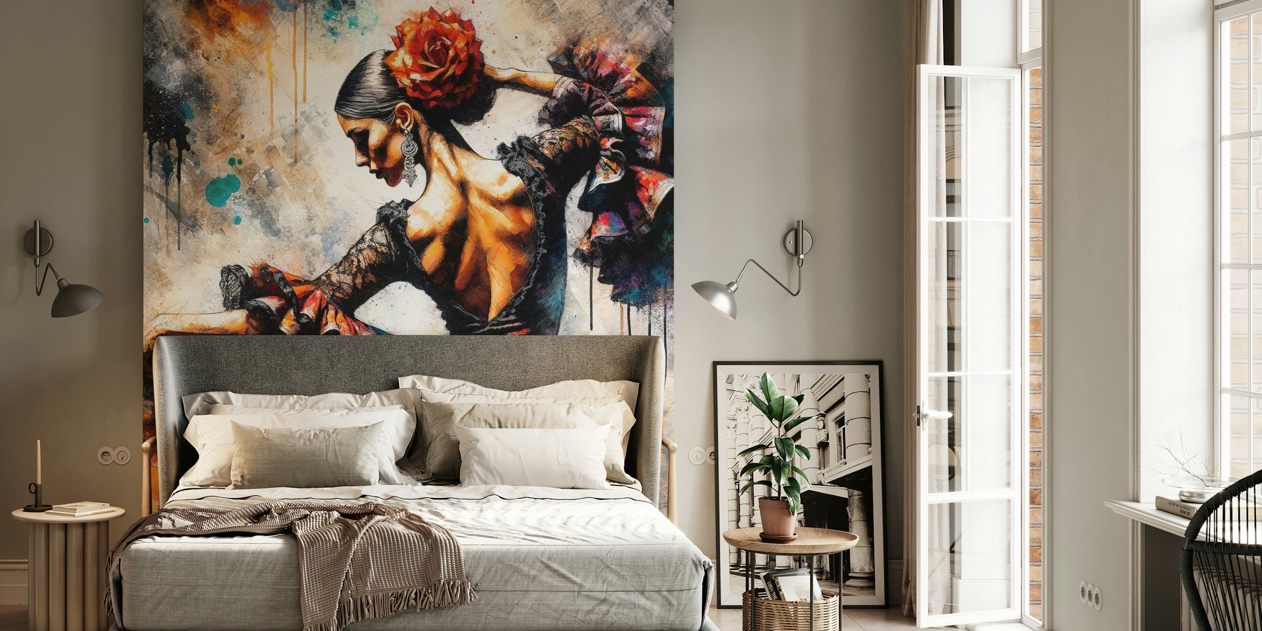 Watercolor Flamenco Dancer wallpaper in a room