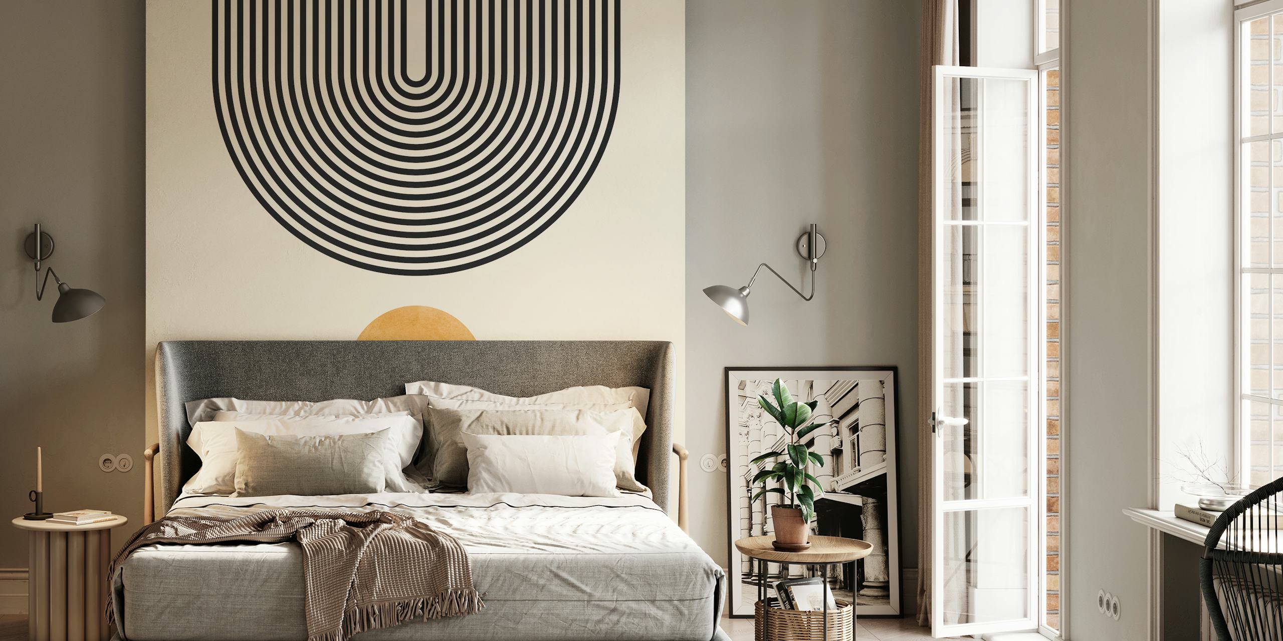 Geometric lines and circles in black and gold on beige wallpaper