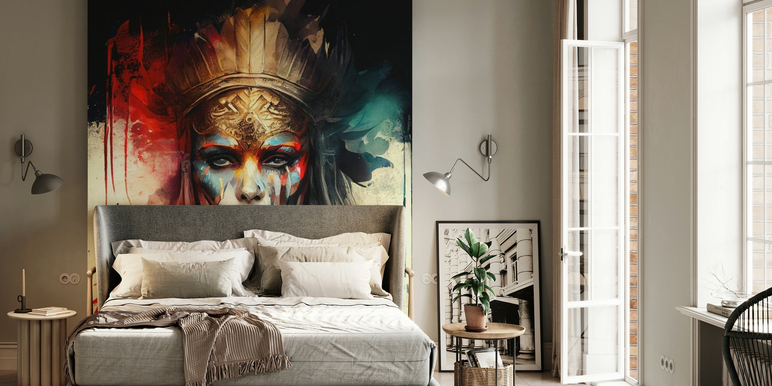 Künstlerisches Wandgemälde einer mächtigen Kriegerin mit Stammeskopfschmuck und bunten Farbstreifen
