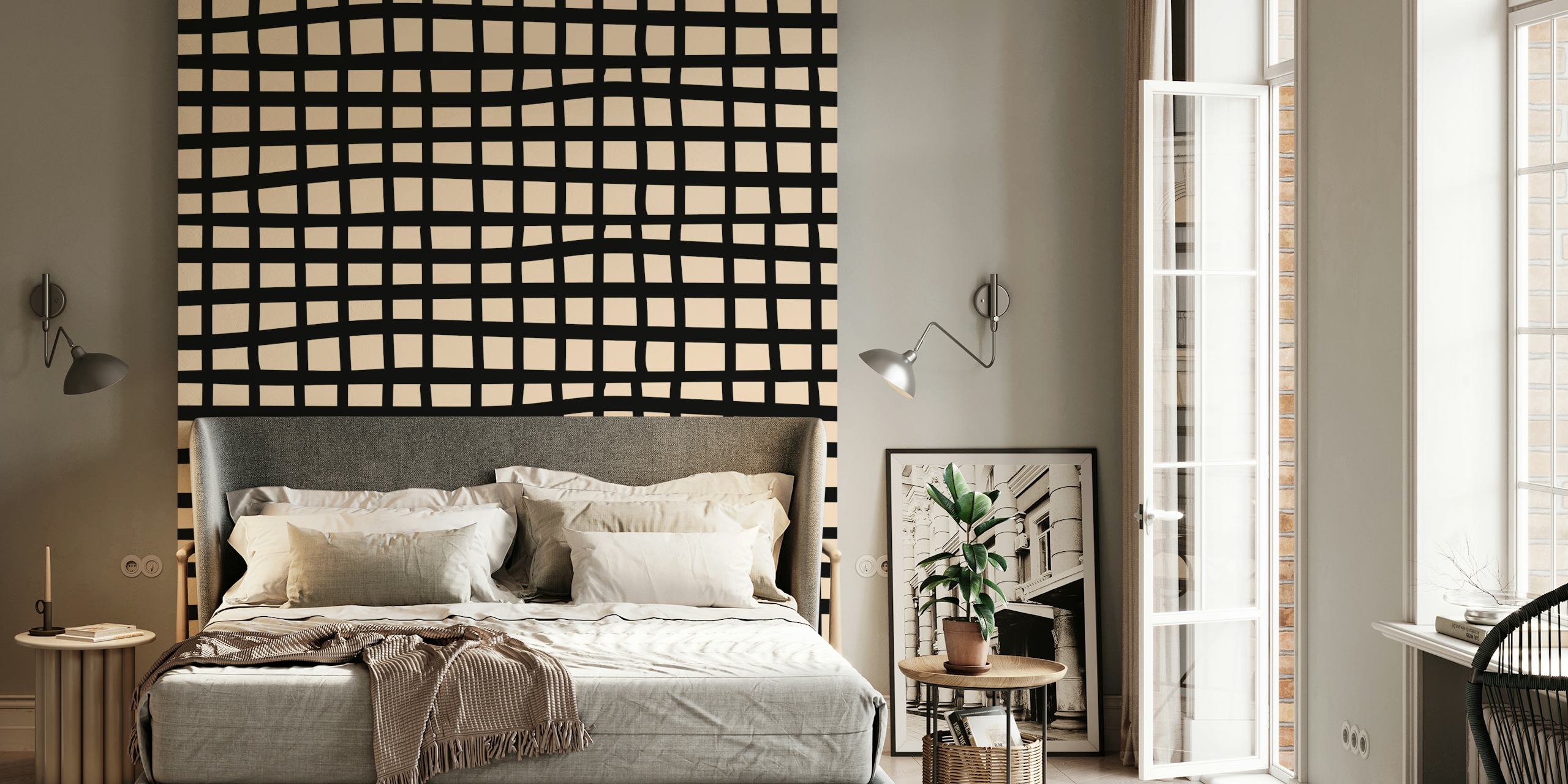 Abstract cream and black geometric wallpaper in a room