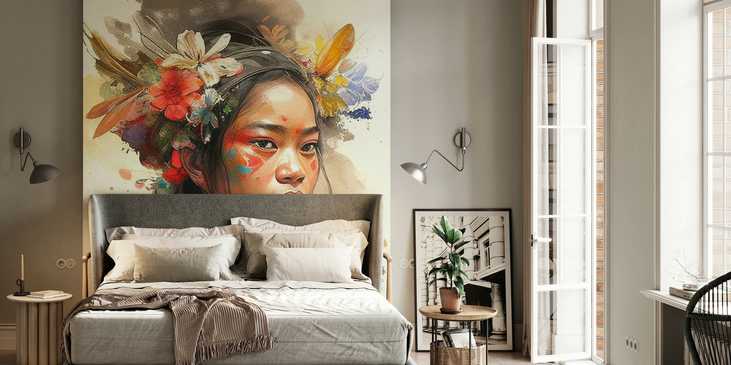 Watercolor Floral Indonesian Native Woman #3 wallpaper