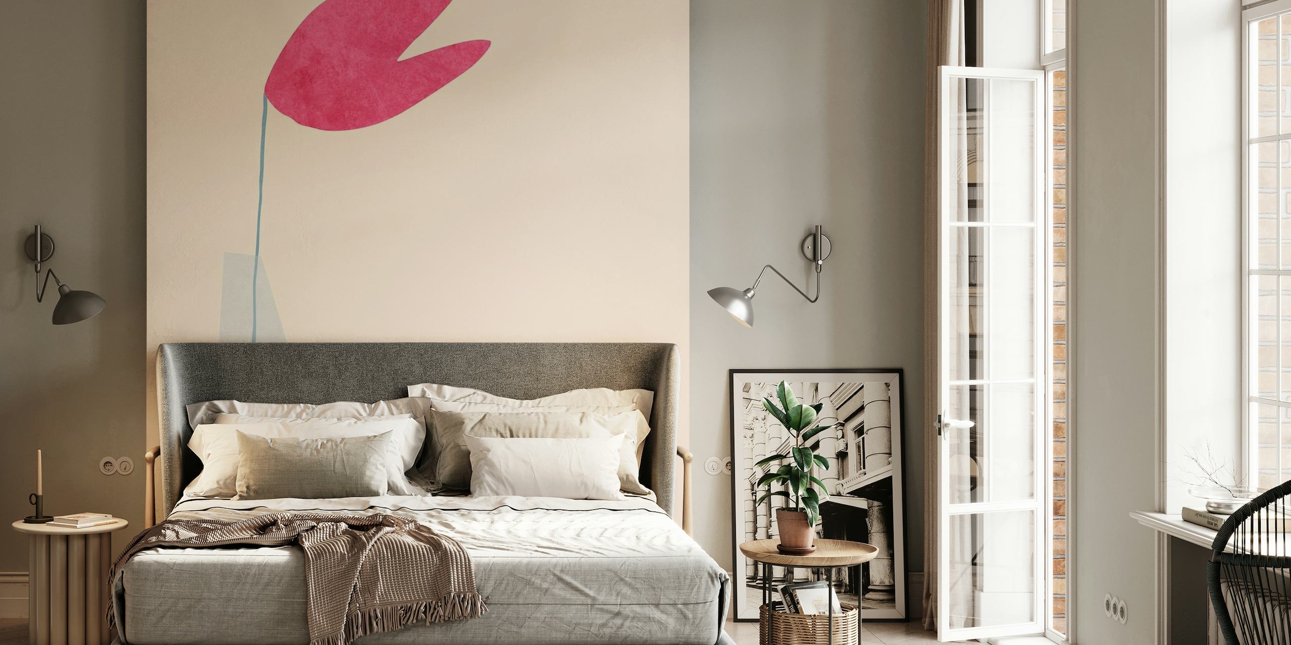 Abstract minimalist wall mural of a pink heart shape balanced on a slender form with a pastel backdrop