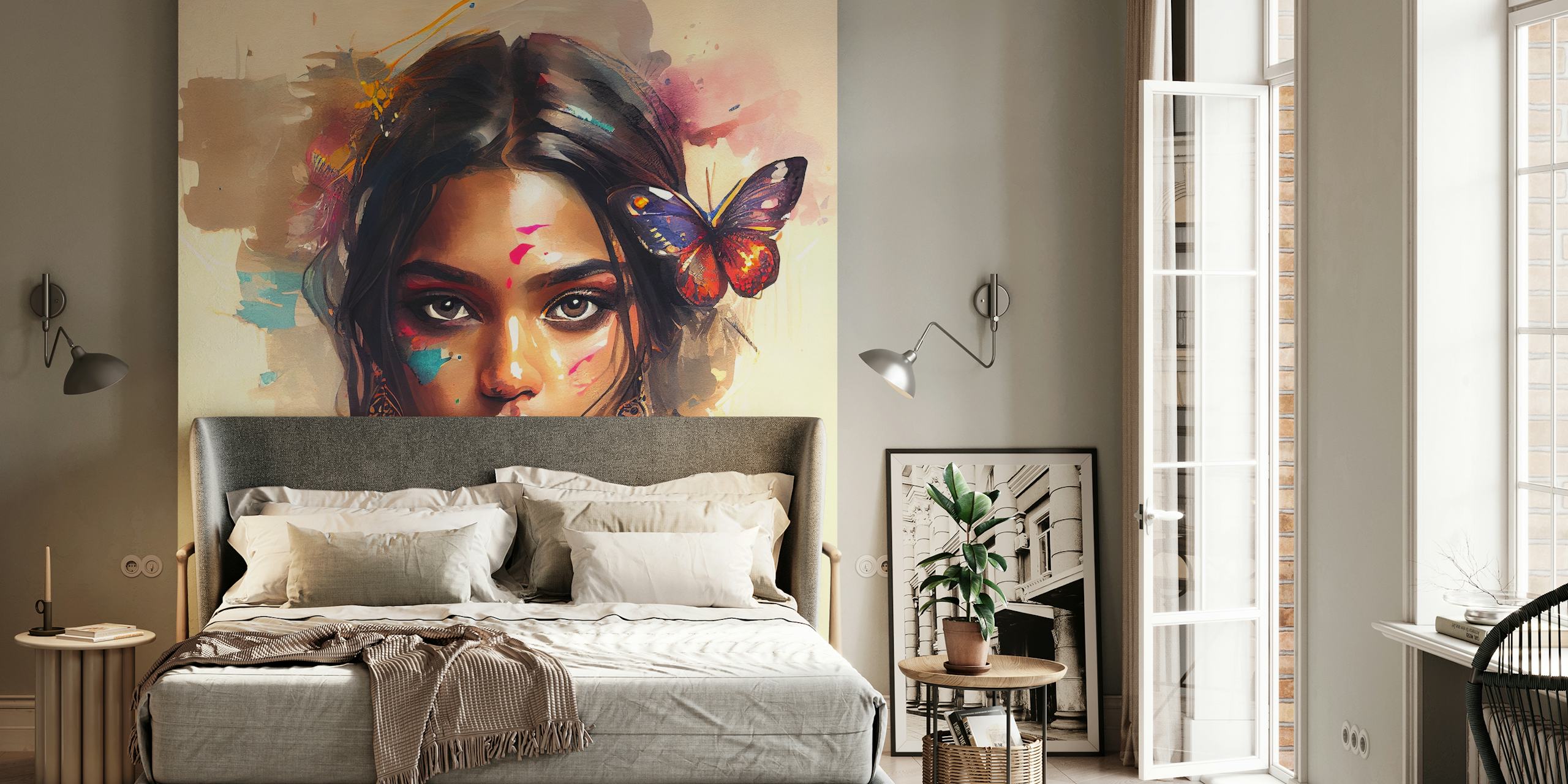 Diseño de papel tapiz Watercolor Hindu Woman en una habitación