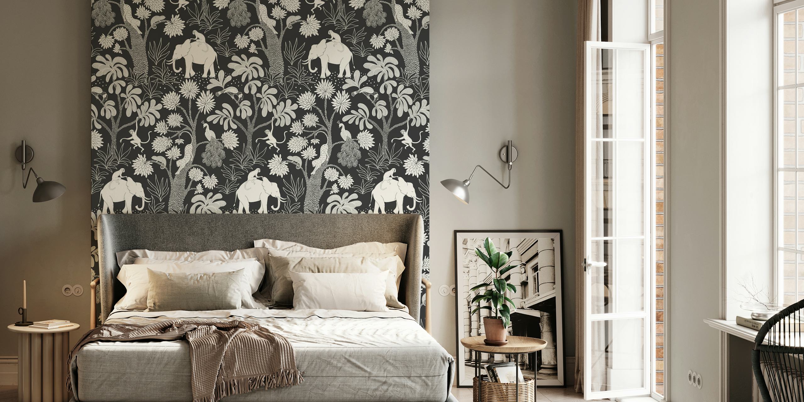 Elephant jungle wallpaper with black background and cream foliage