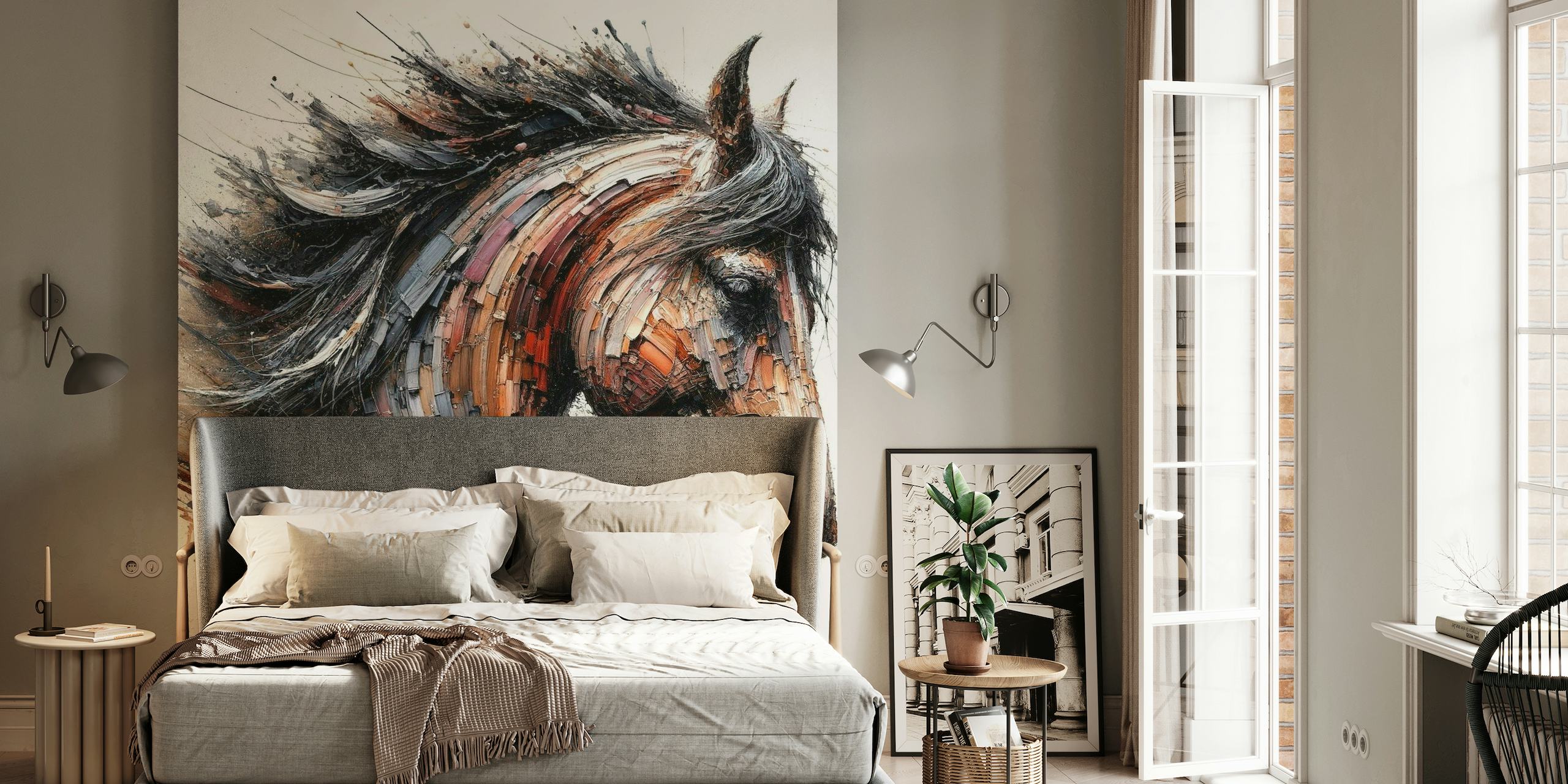 Dynamisk hesteveggmaleri med uttrykksfulle penselstrøk