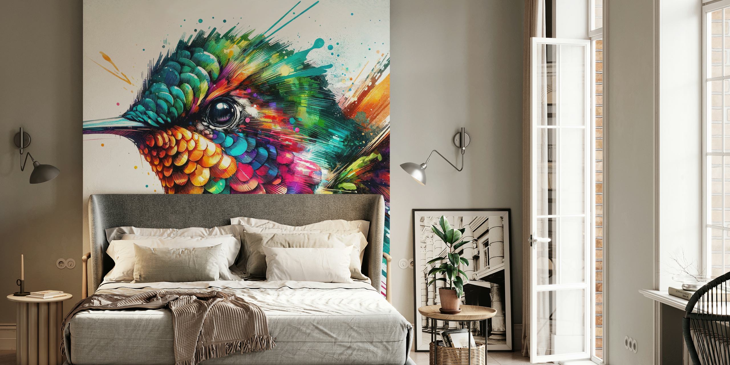 Colorful watercolor hummingbird art with bright details wallpaper