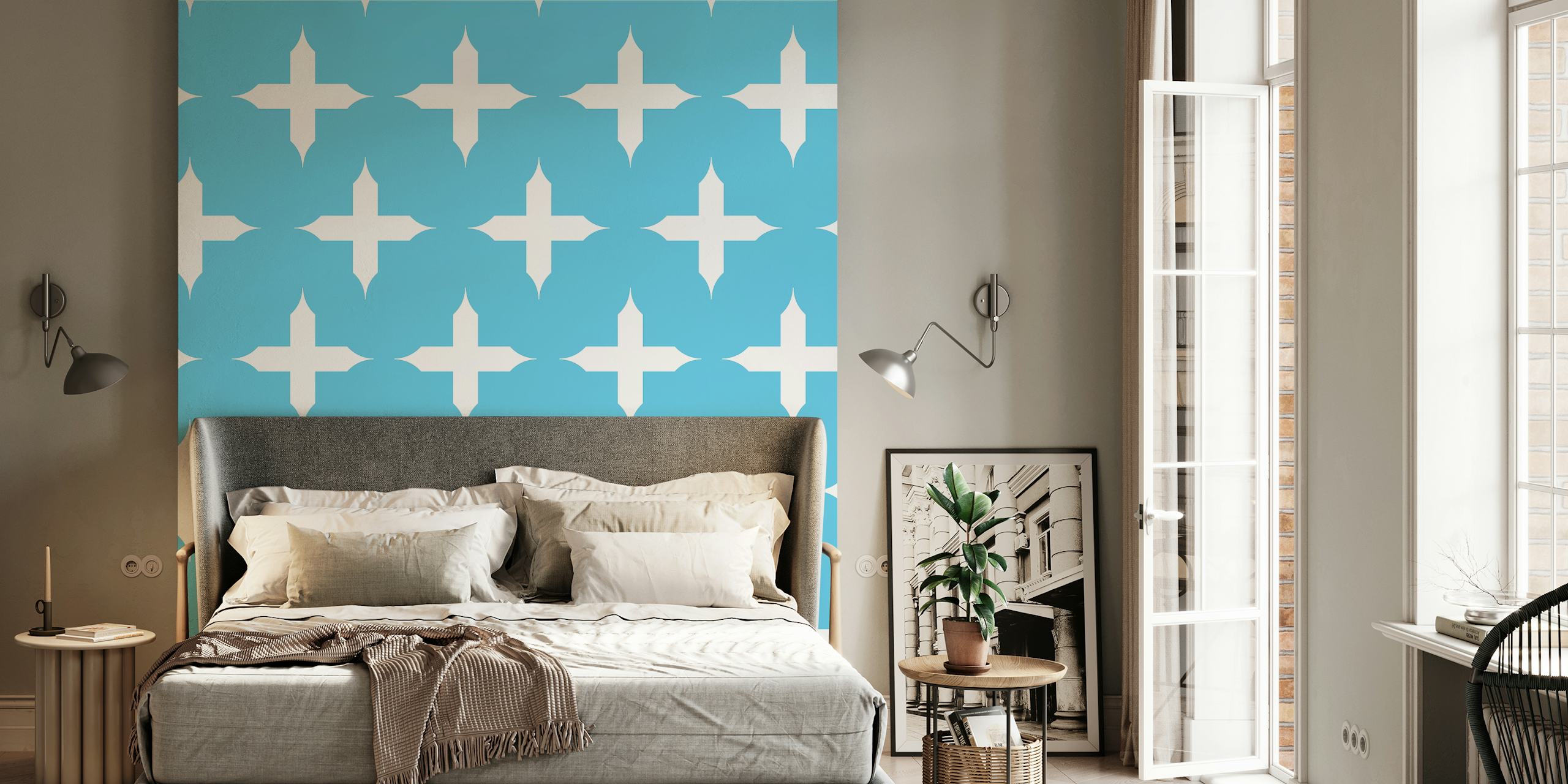 Sky blue wallpaper with white geometric cross pattern