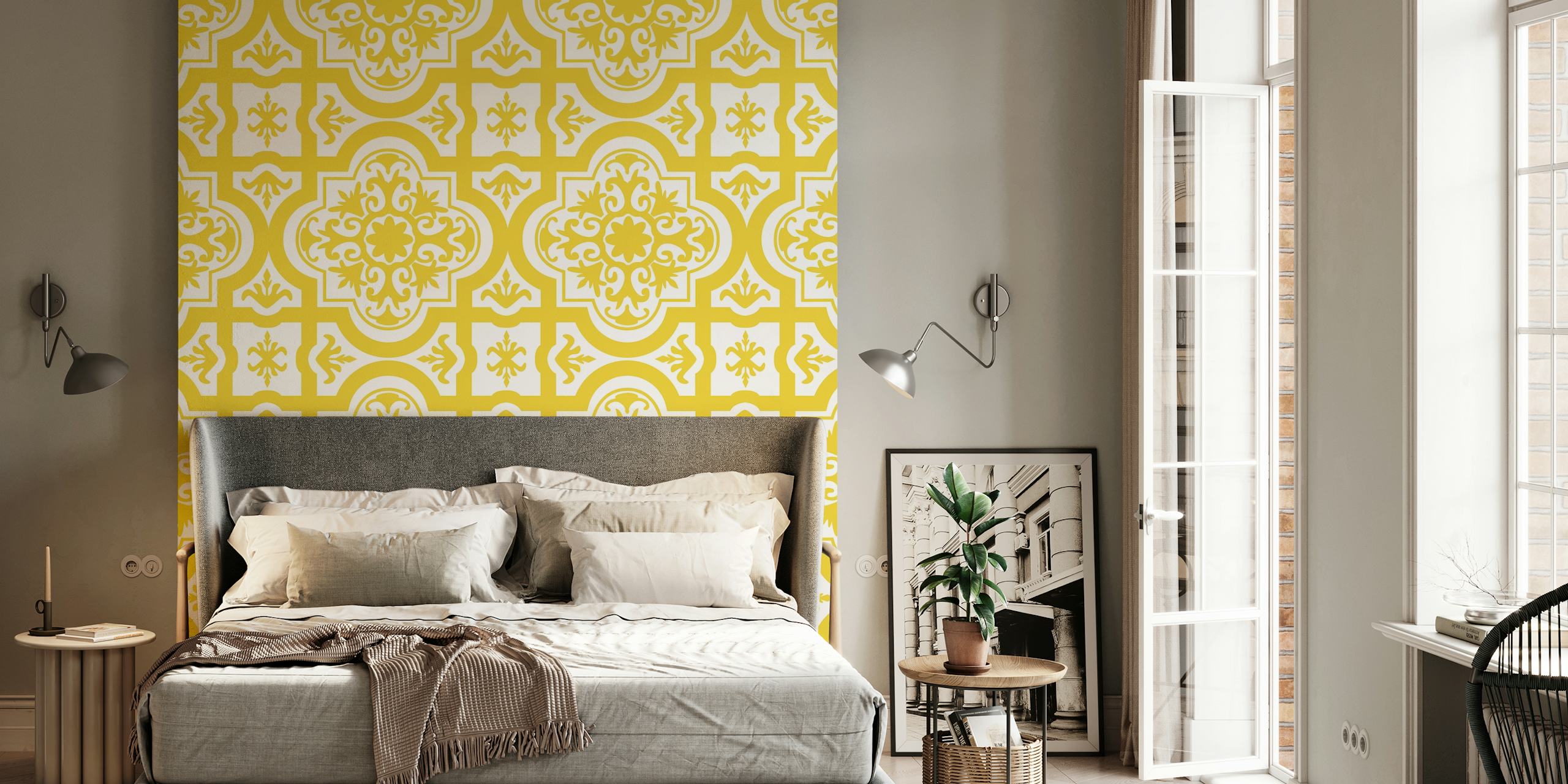 Yellow and white intricate Mexican tile pattern wallpaper