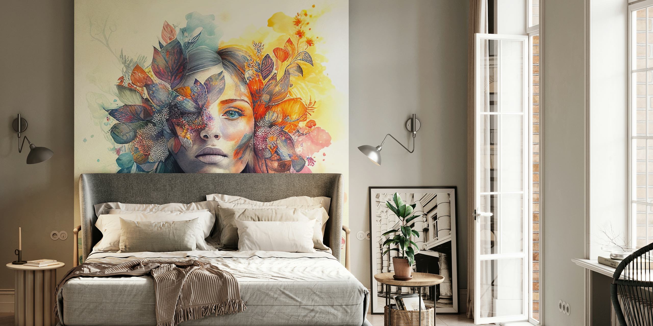 Watercolor Tropical Woman tapet i ett rum