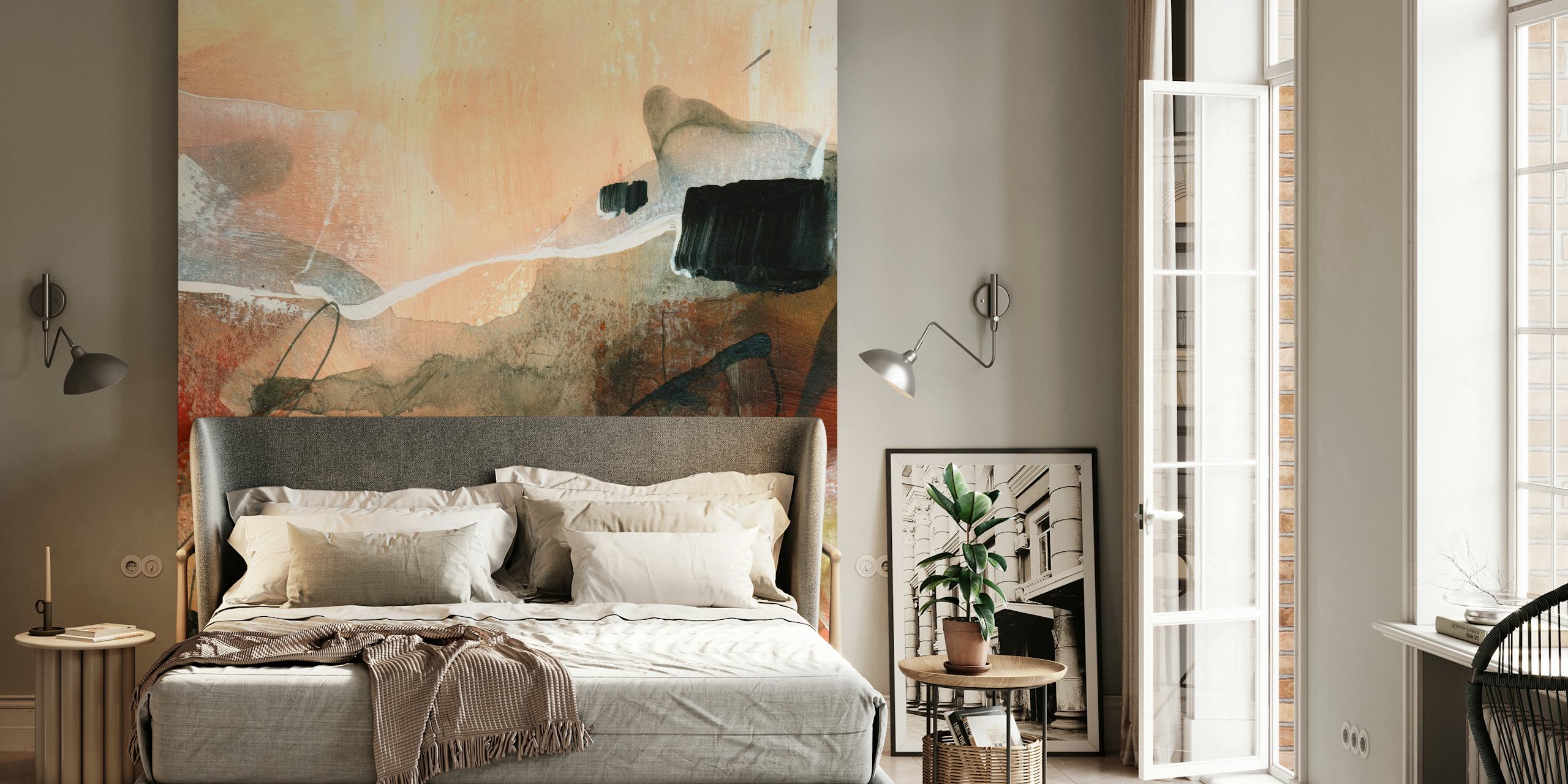 Abstract patterns in earth tones, black, and white wallpaper