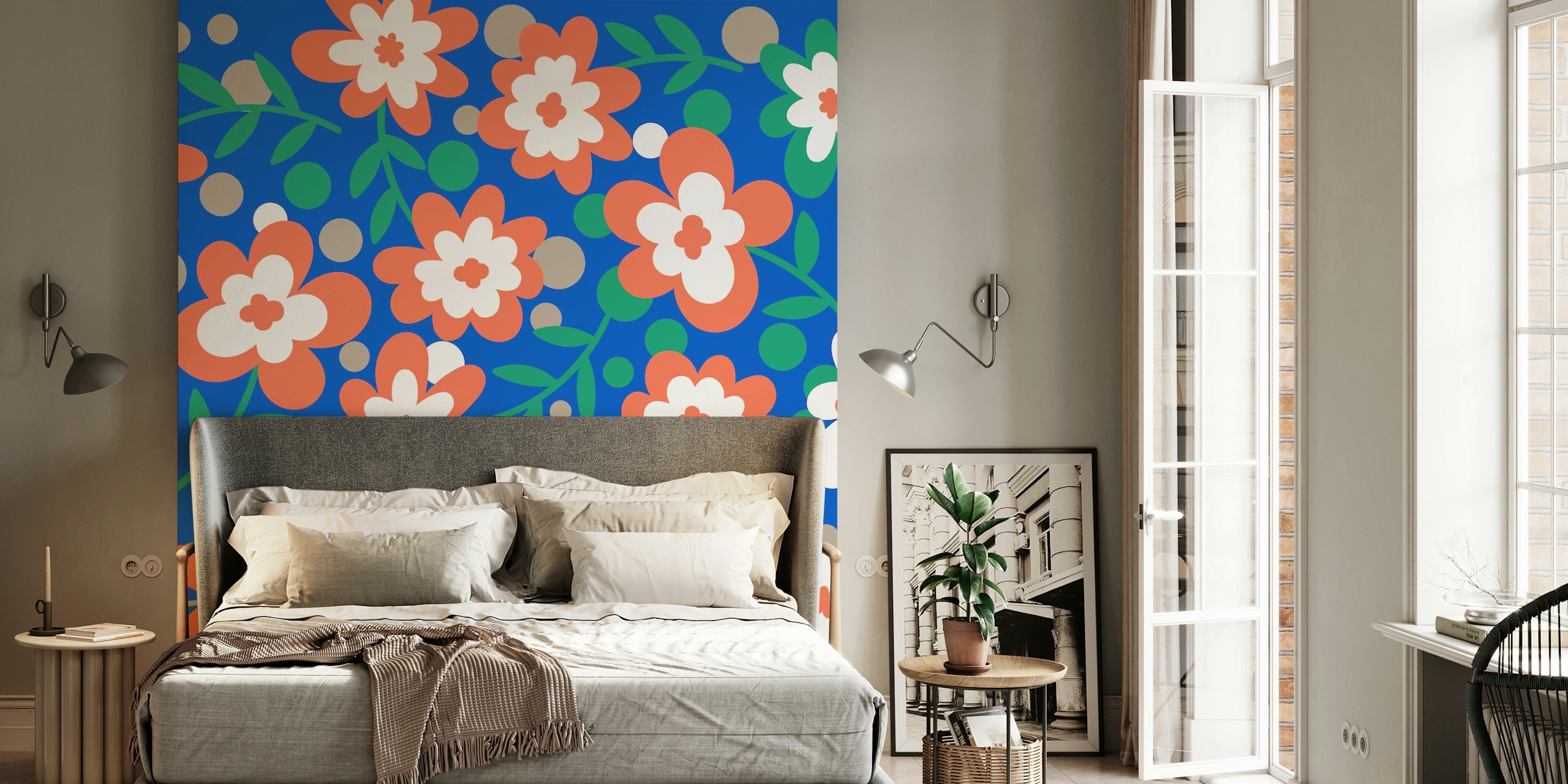 Multicolored floral pattern on blue background wallpaper