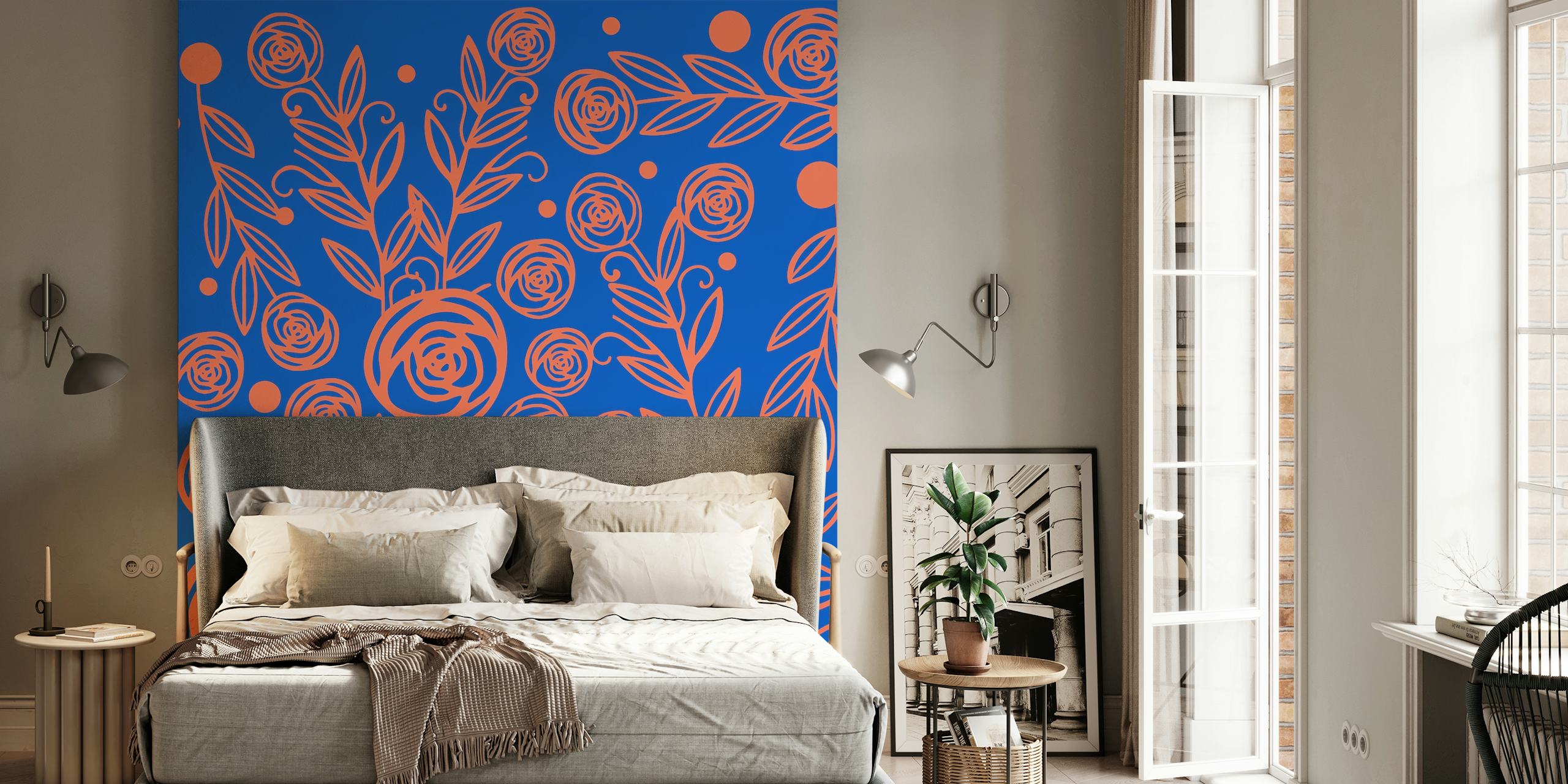 Hand-drawn rose garden wall mural with warm tones on blue background