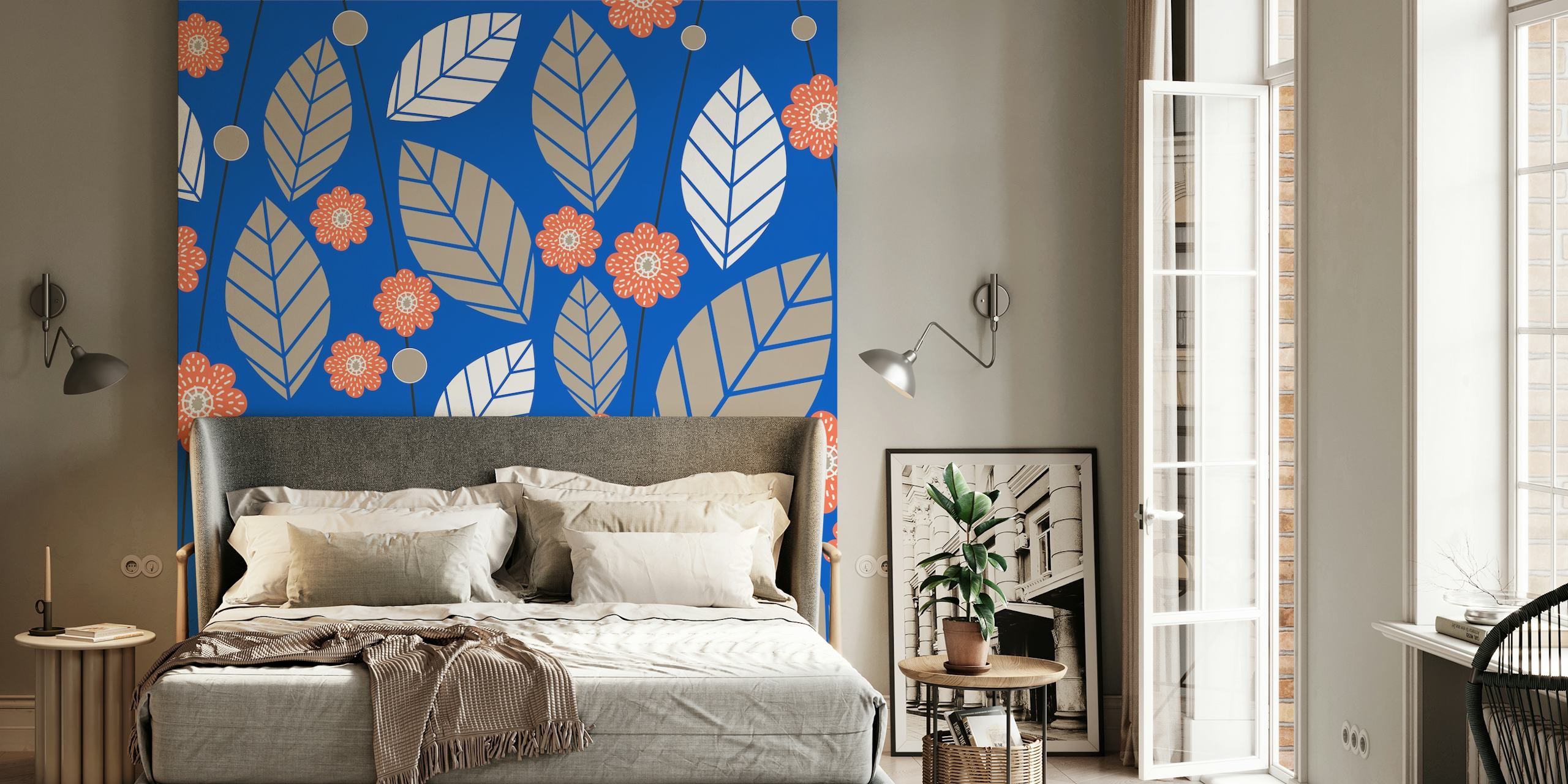 Navy blue flower leaves pattern carta da parati in camera