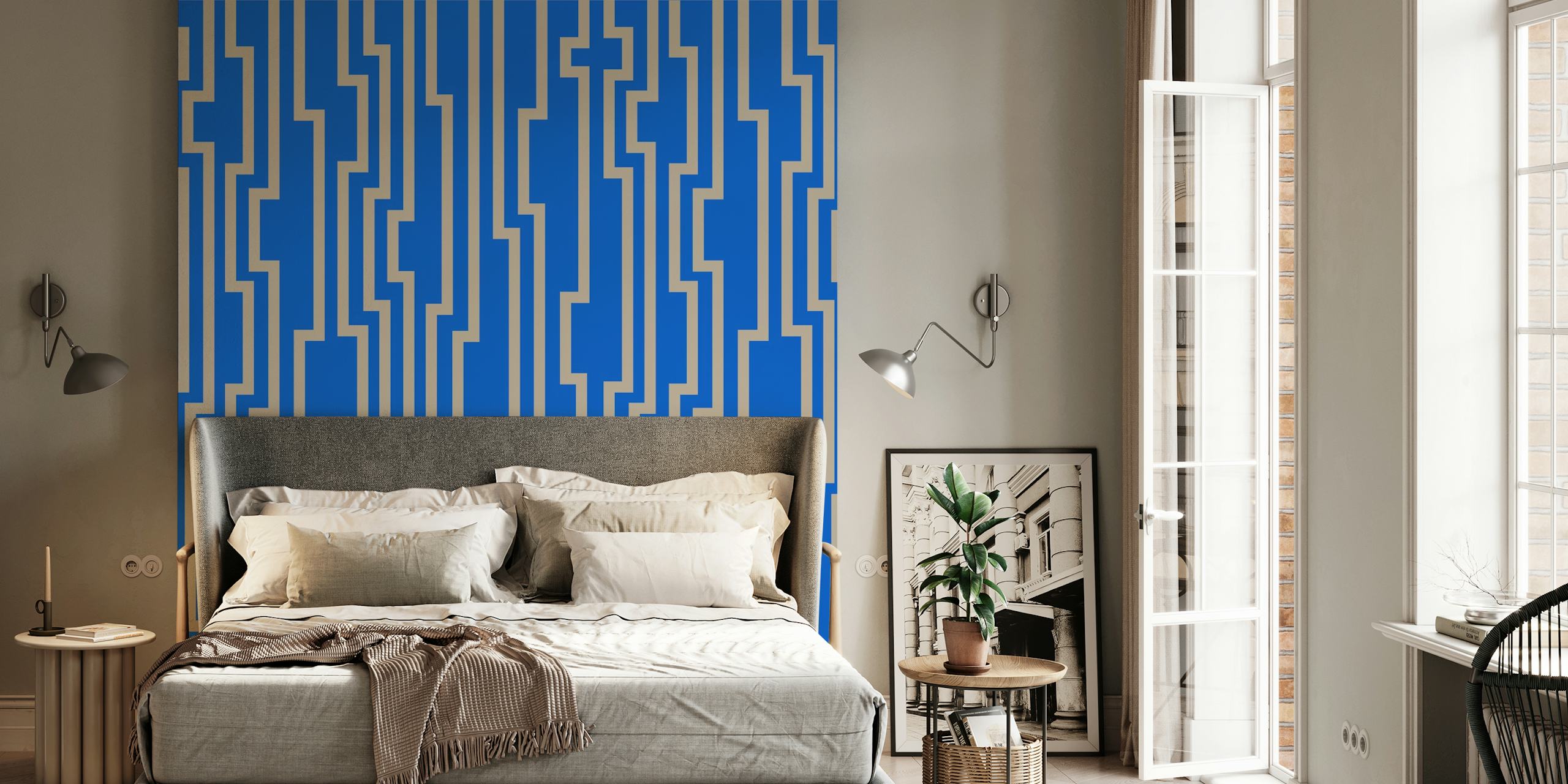 Geometric zig zag stripes wall mural in tan and blue colors.