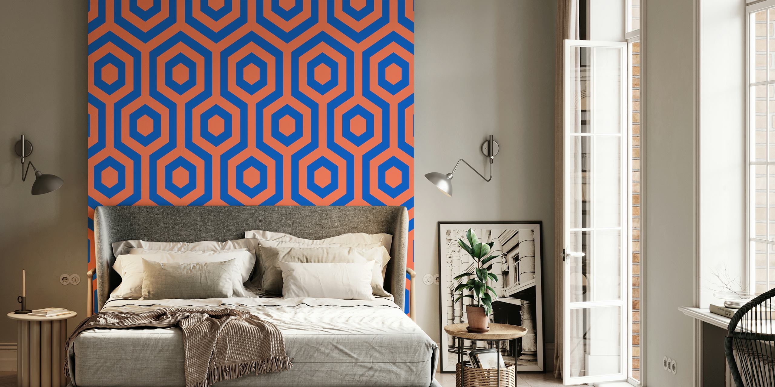 Geometric pattern featuring rust orange and blue hexagons wallpaper