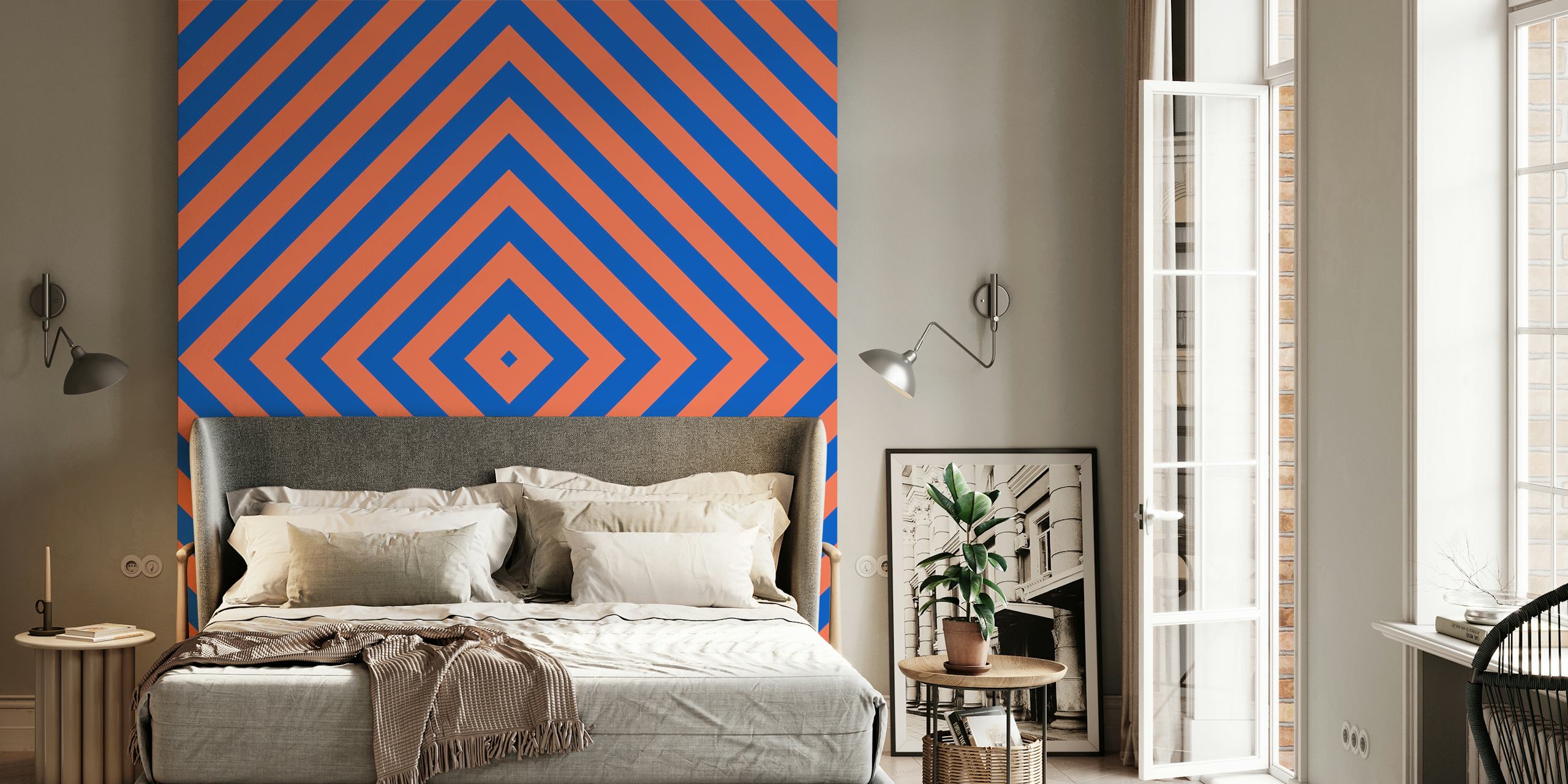 Geometric pattern with rust orange and blue diagonal stripes wallpaper