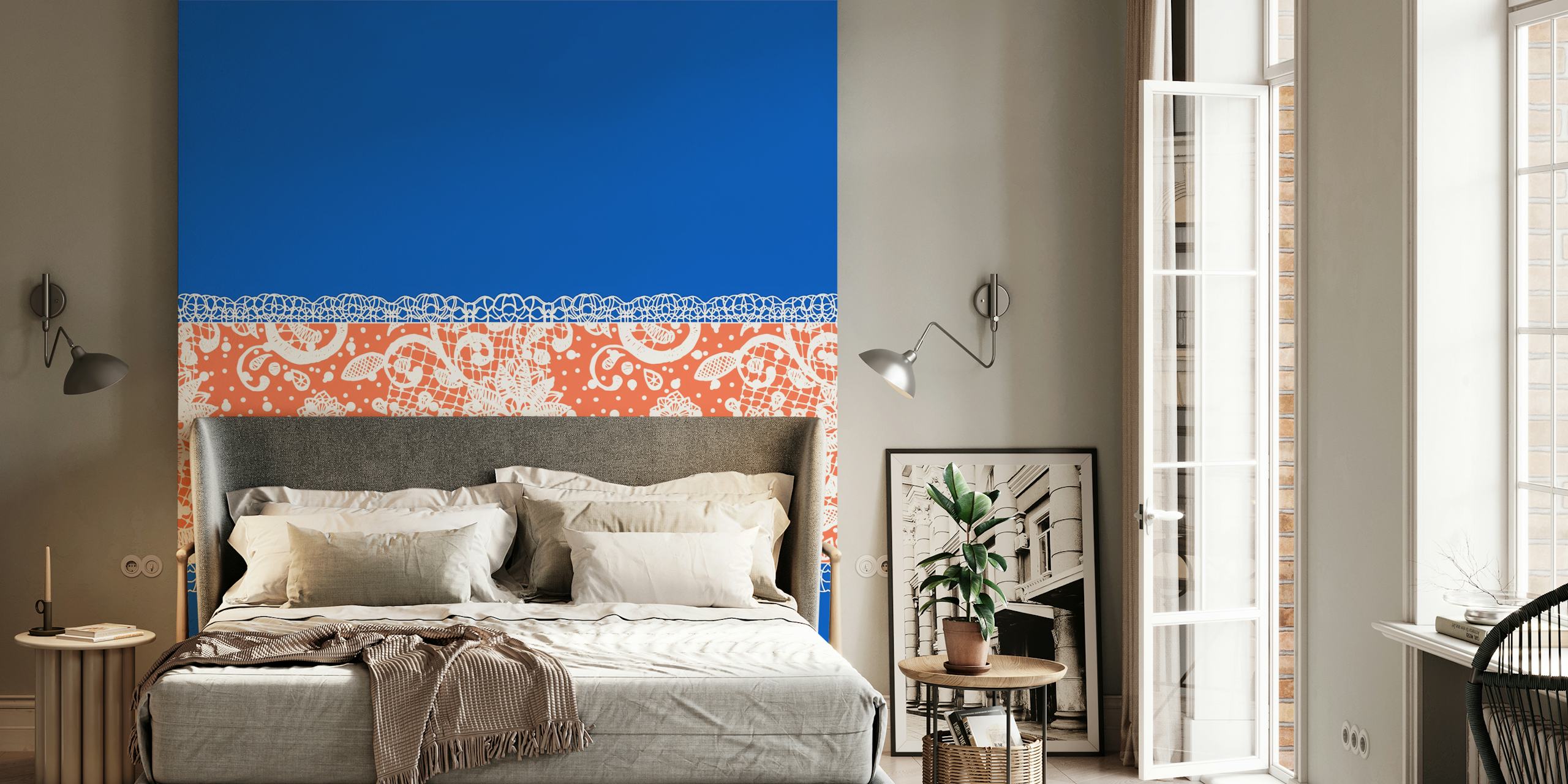 Blue white orange lace tapetti huoneessa