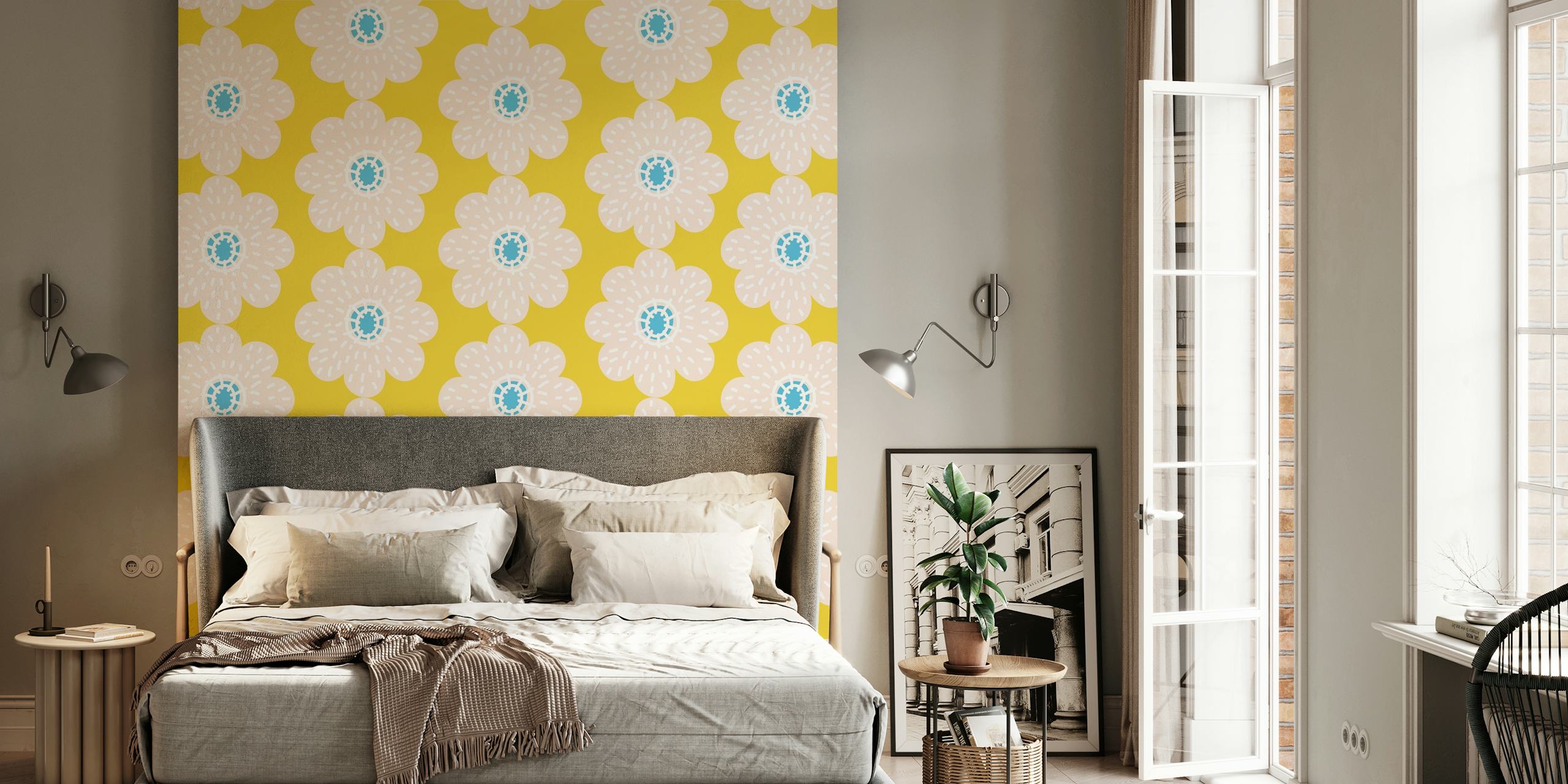 Honey yellow floral daisy pattern wallpaper in a room