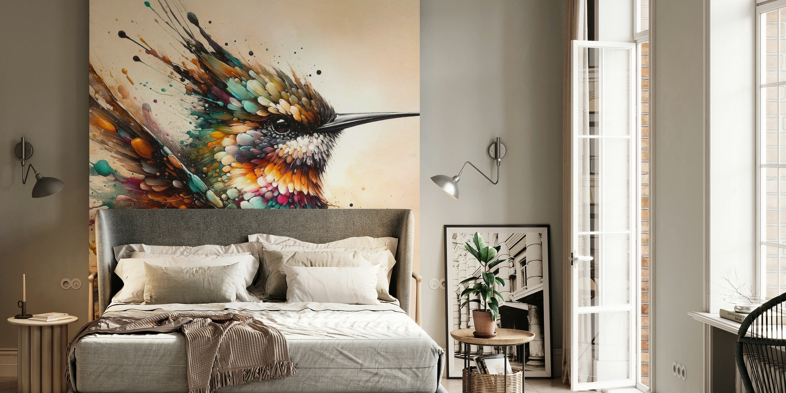 Värikäs ja abstrakti kolibri keskellä lentoa seinämaalauksessa
