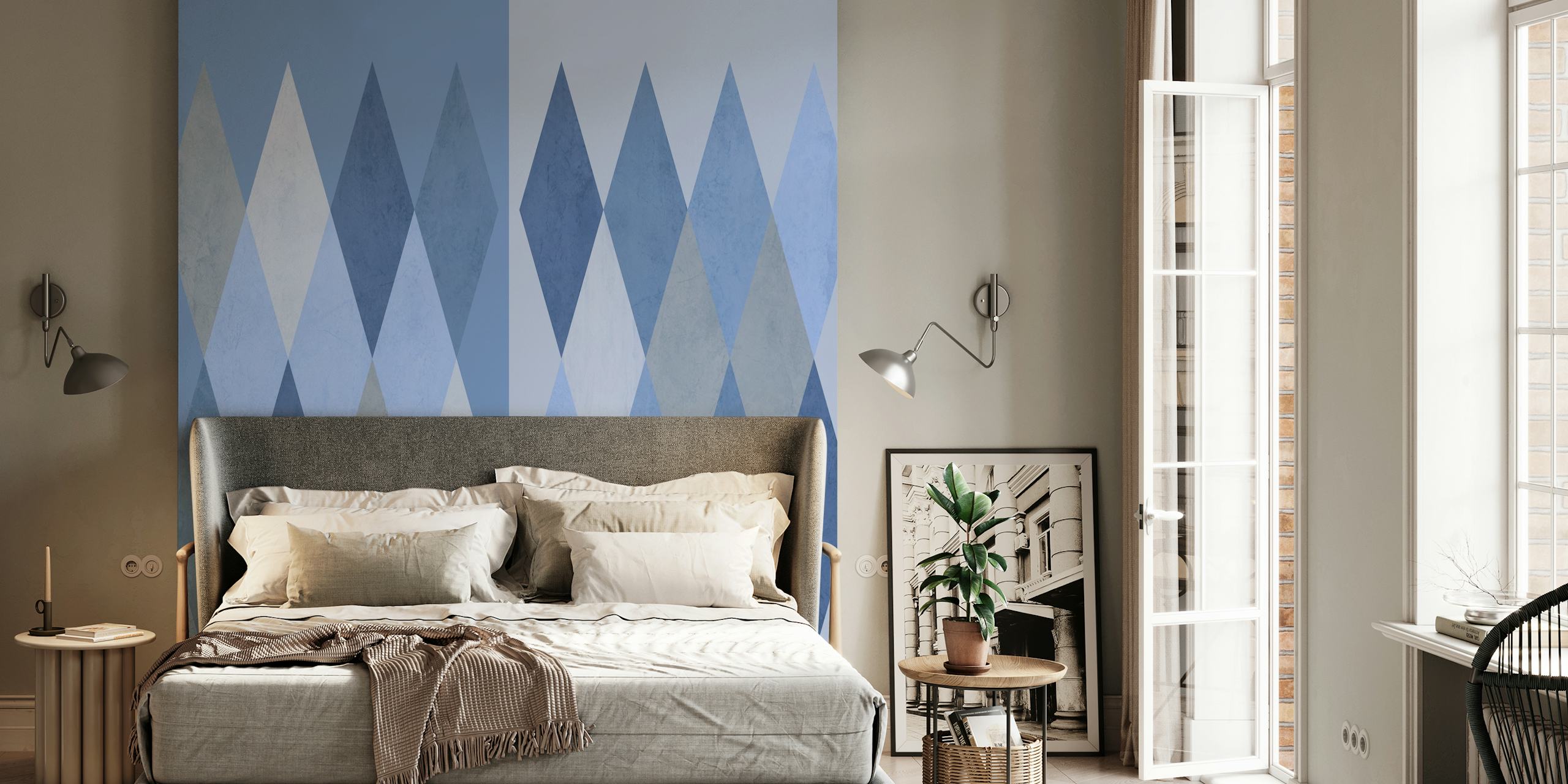 Blue geometric pattern wall mural in various shades of blue, abstract design