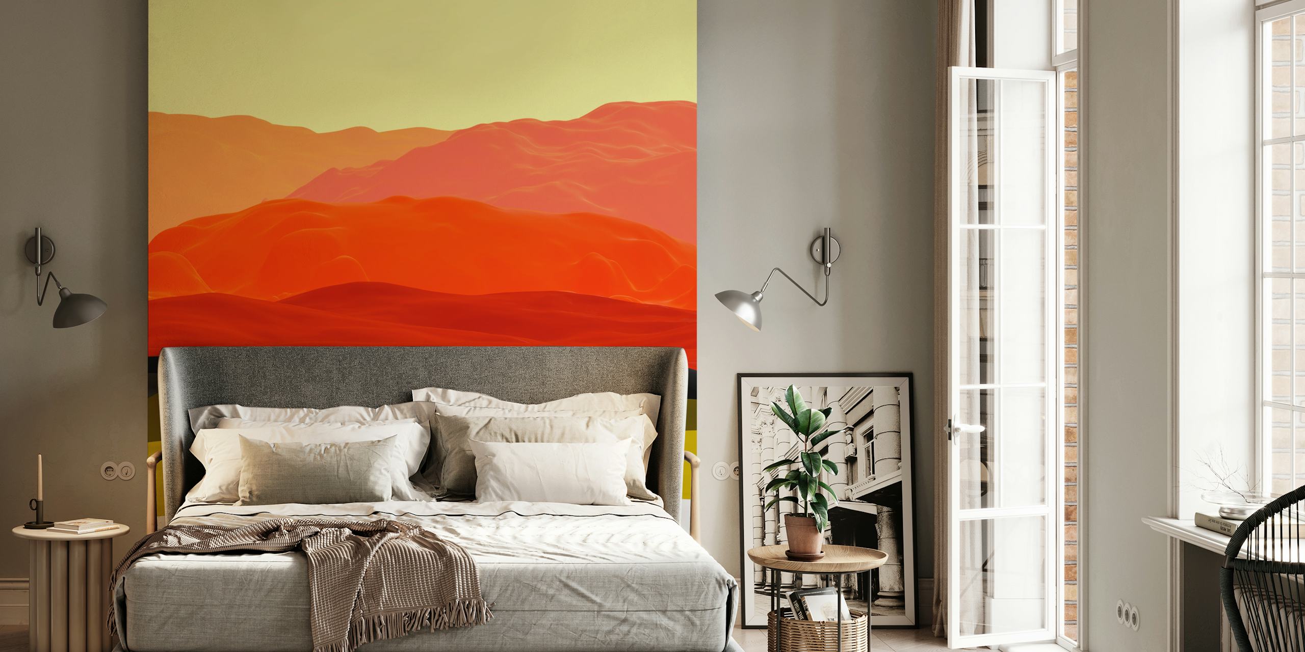 Abstract mountains design in red, yellow, black, and white wallpaper