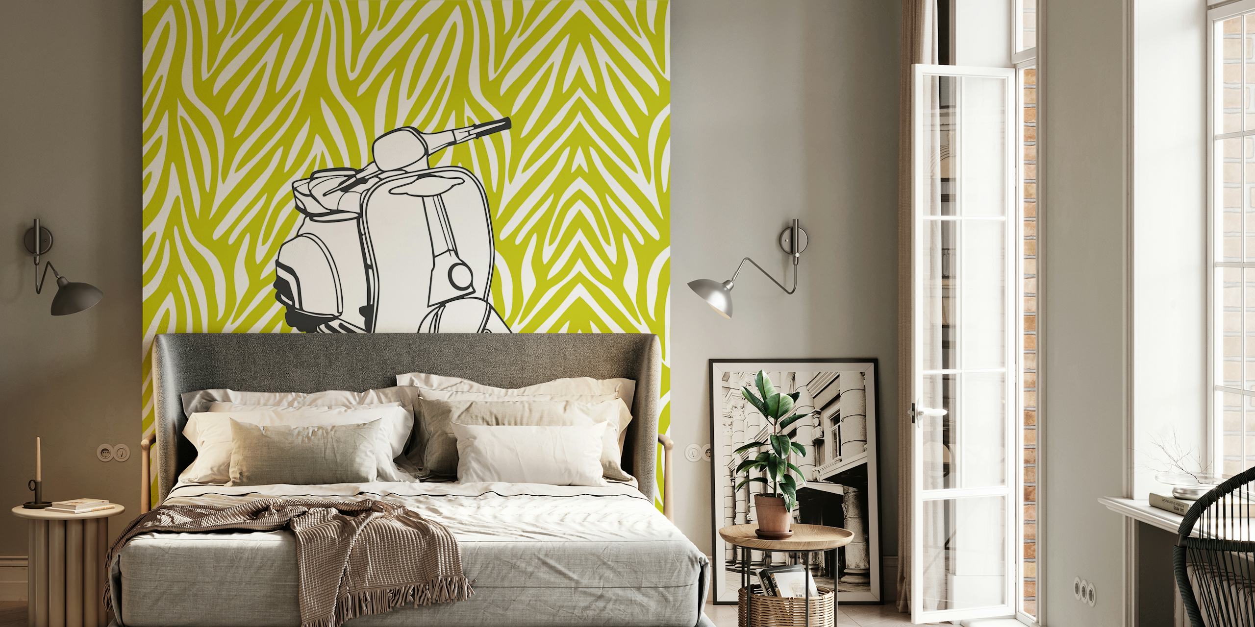 Papel de parede com estampa animal verde limão e gráfico Vespa