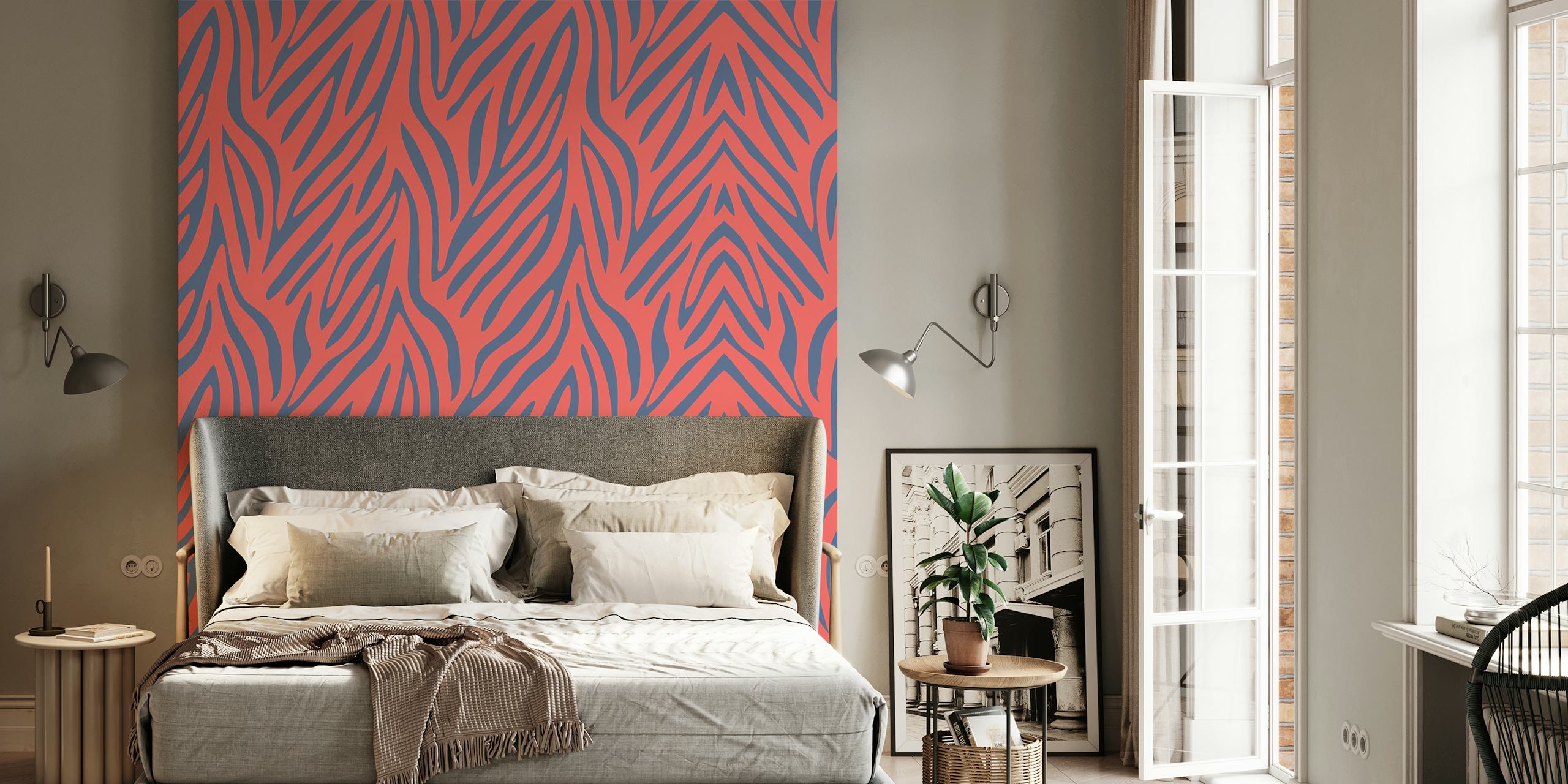 Coral red navy blue zebra print tapetti huoneessa