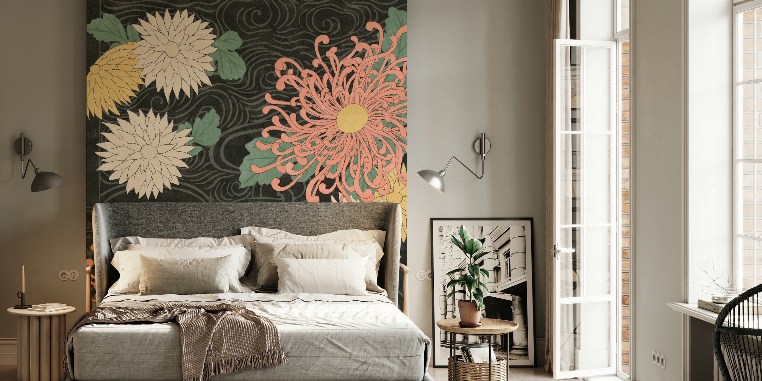 Japanese floral patterns with pink, white, and yellow flowers on a black background wallpaper
