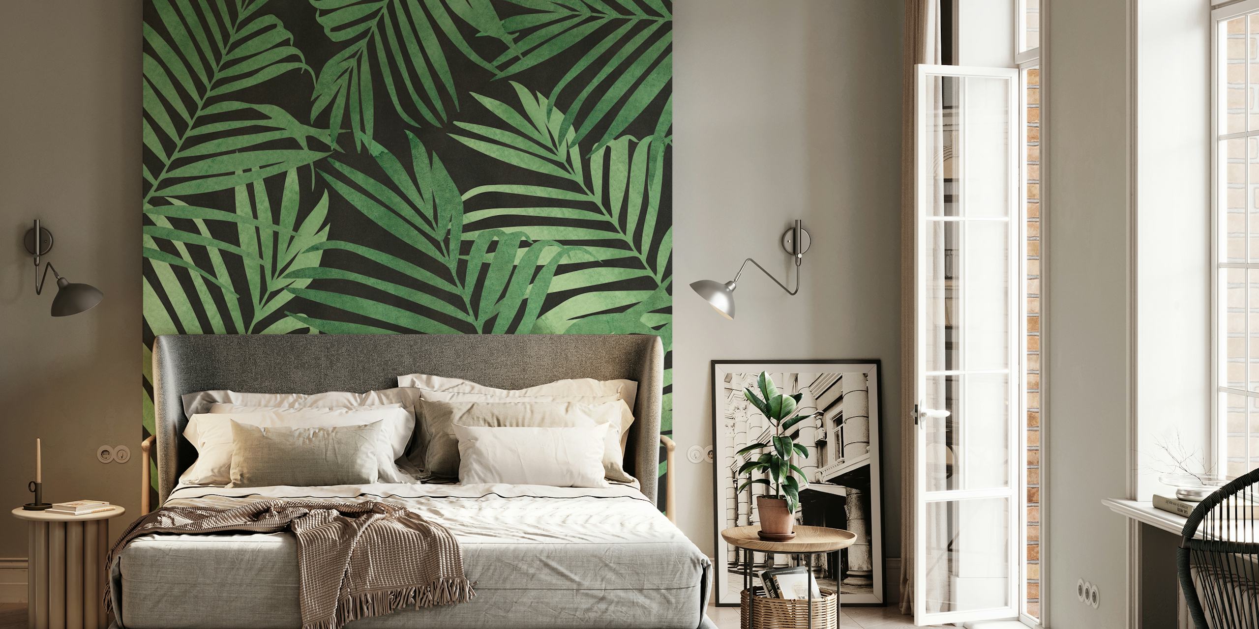 Tropical palm leaves pattern in green on black wallpaper