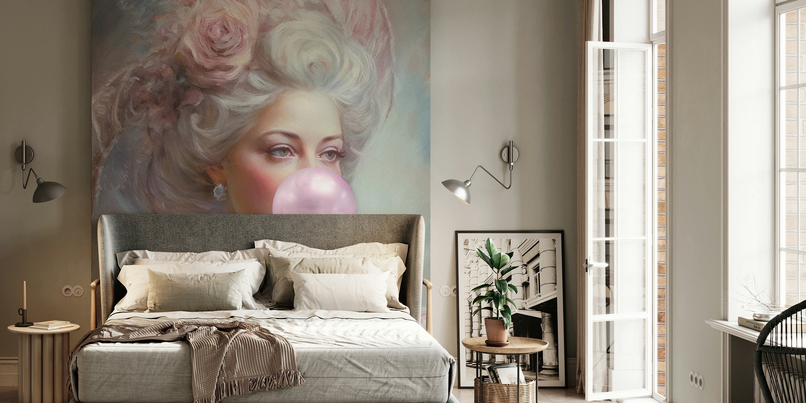 Marie Antoinette portrait with pink bubblegum wallpaper