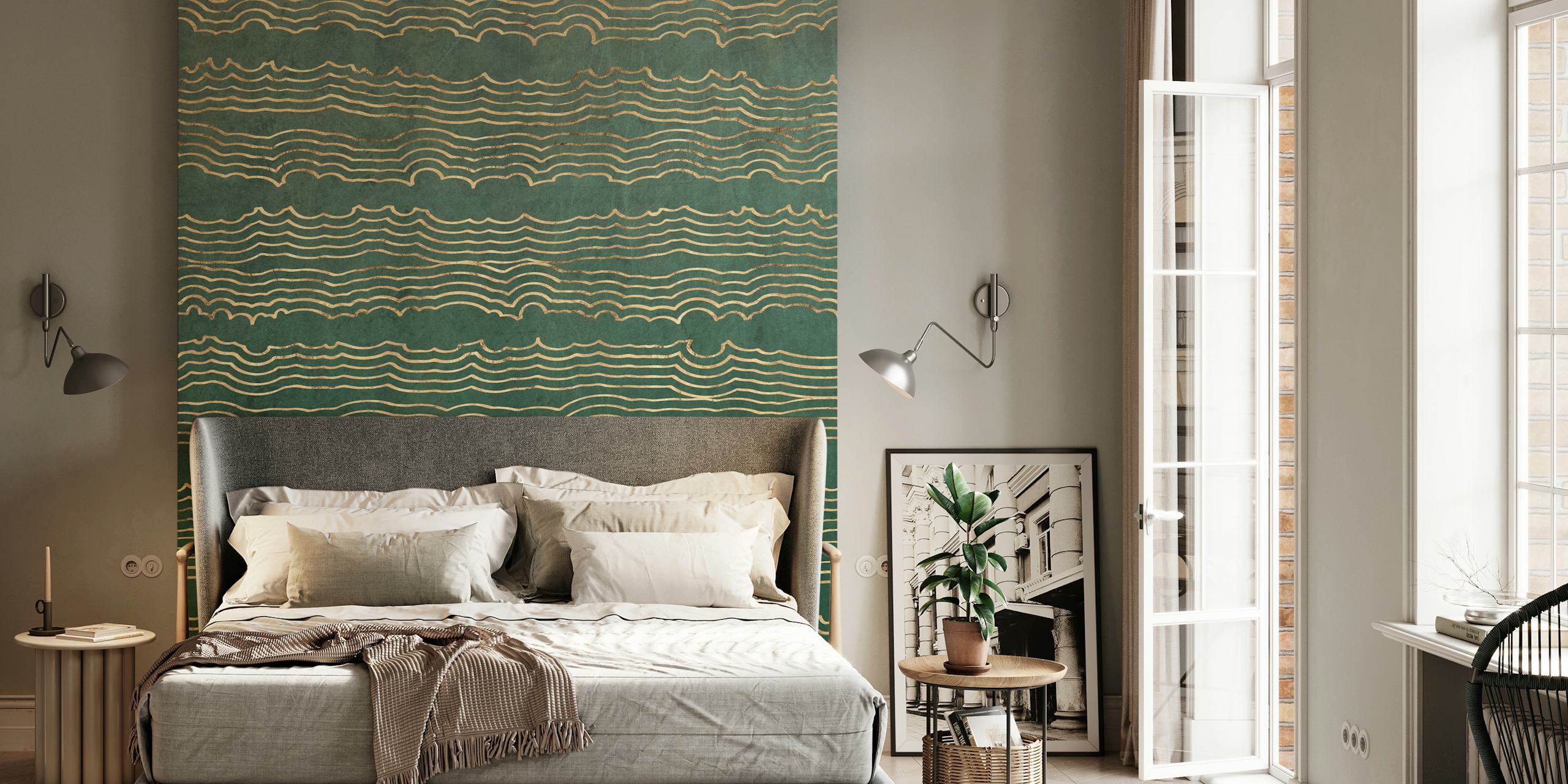 Papel de parede Green and Gold Sliced Marble em um quarto