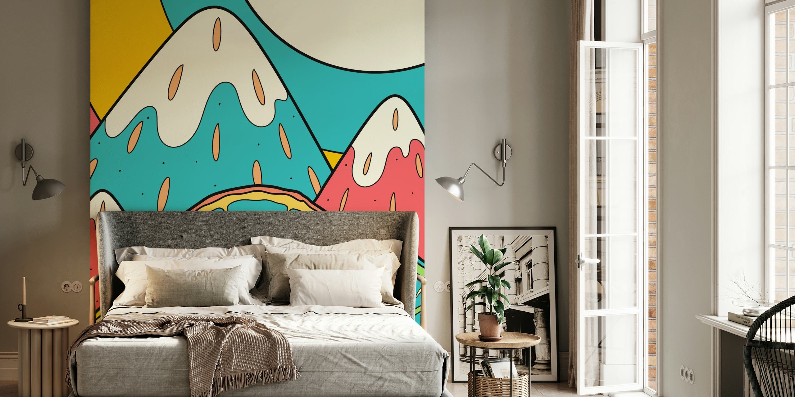 Colorful citrus slices with teal, pink, and yellow mountains wallpaper