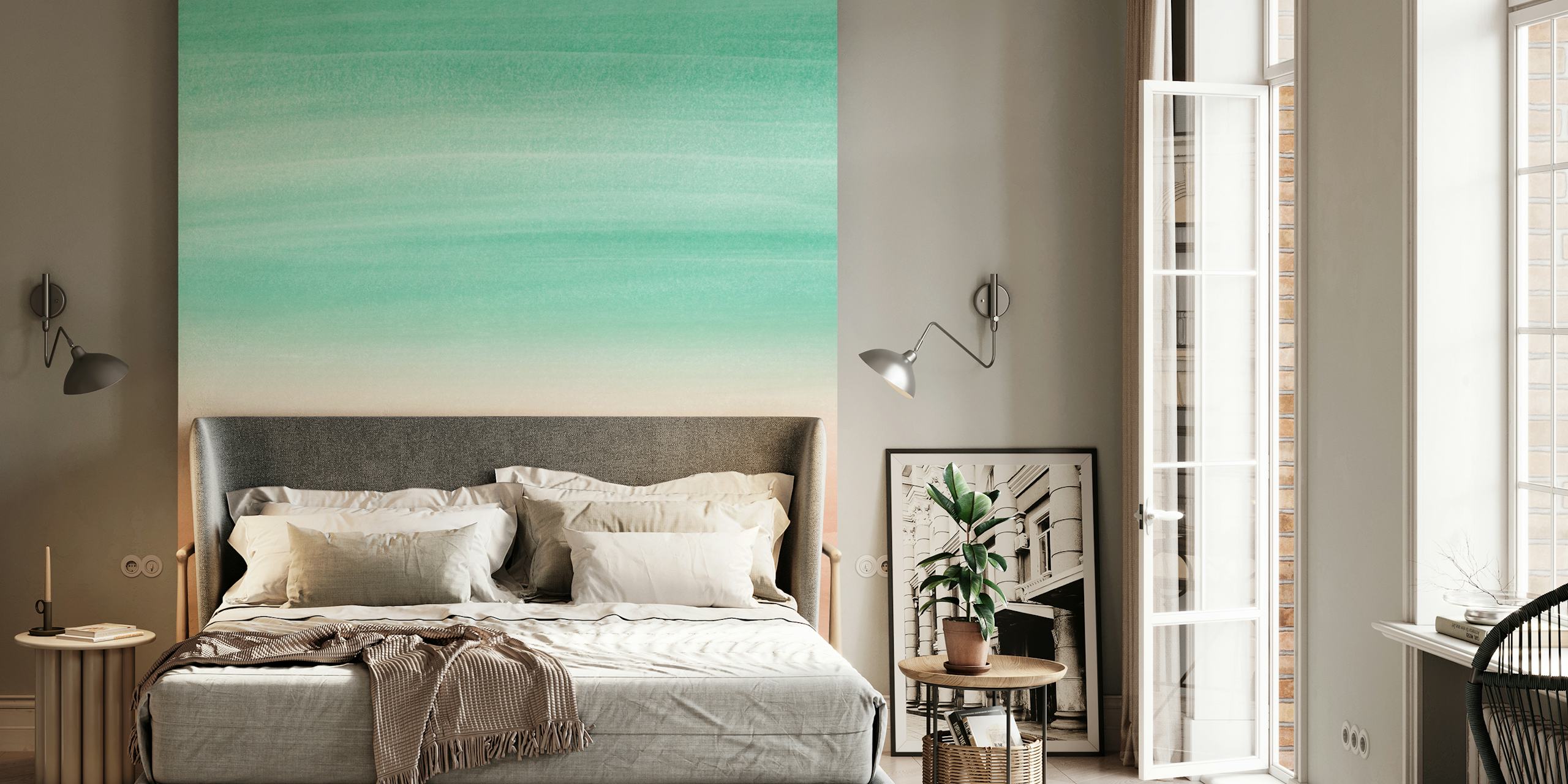Abstract watercolor pattern with emerald and beige tones wallpaper