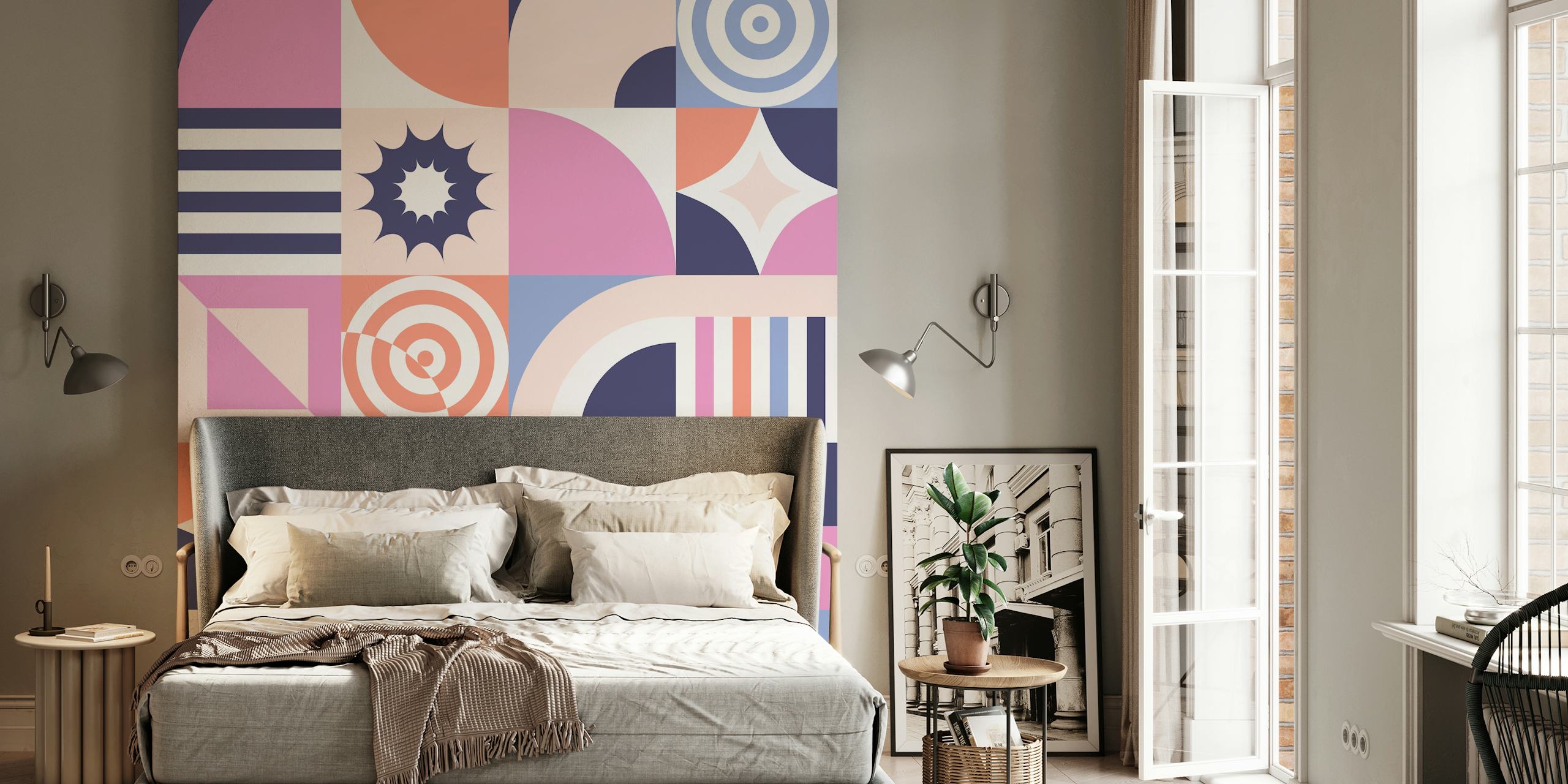 Colorful geometric shapes in pink, navy, and white wallpaper