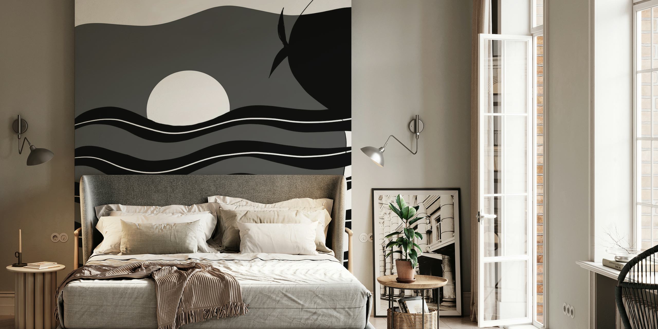 Abstract monochromatic wall mural with woman's silhouette and wavy pool patterns