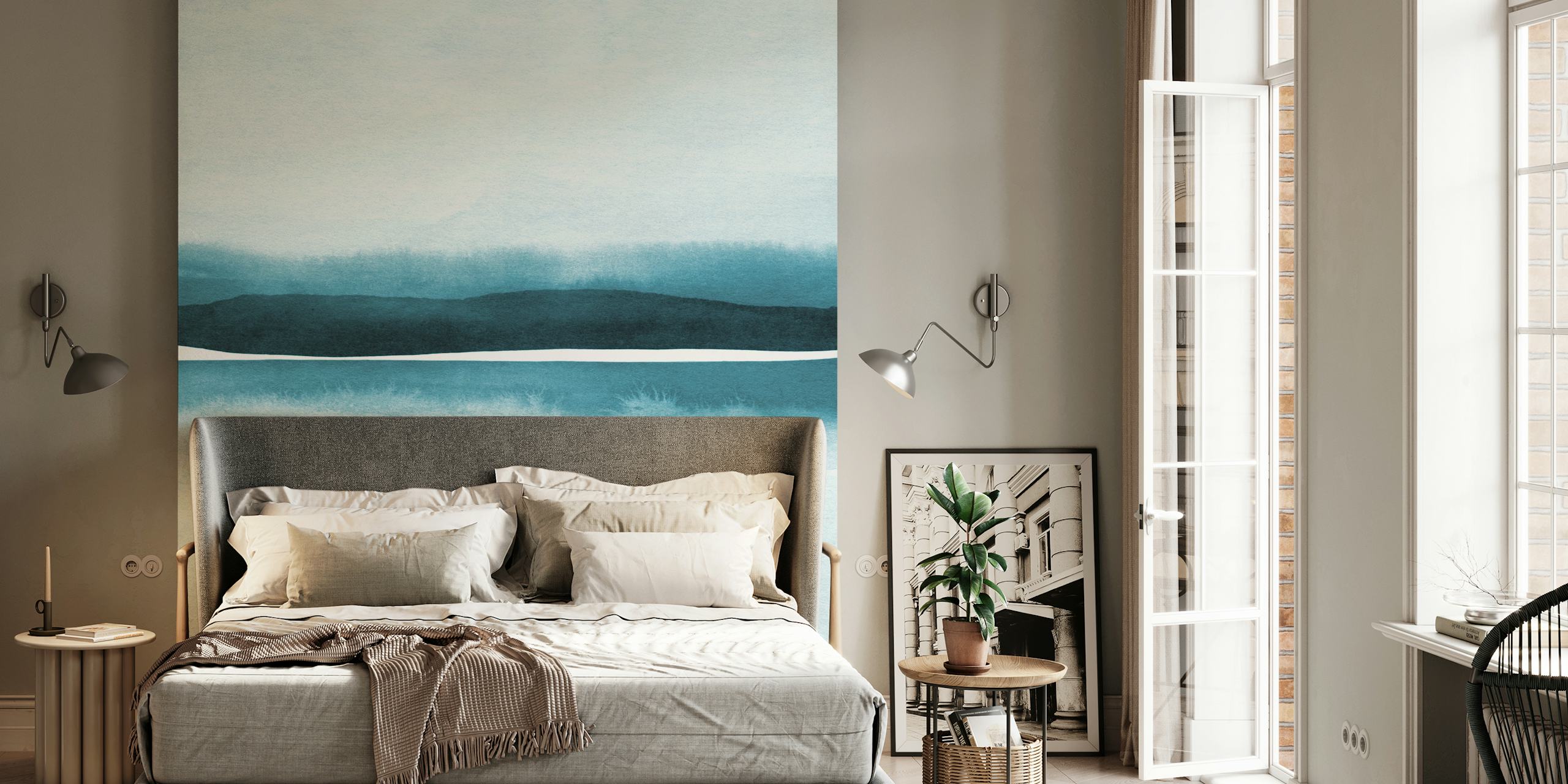 Paesaggio ad acquerello nei toni del verde acqua raffigurante un orizzonte sereno