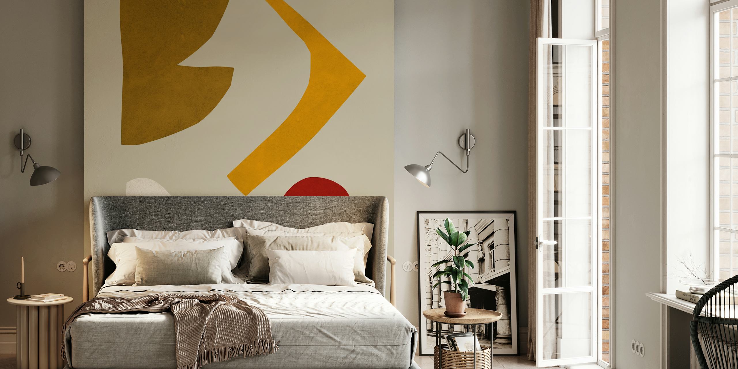 Abstract geometric shapes in earthy tones: brown, yellow, red, navy on a beige background wallpaper