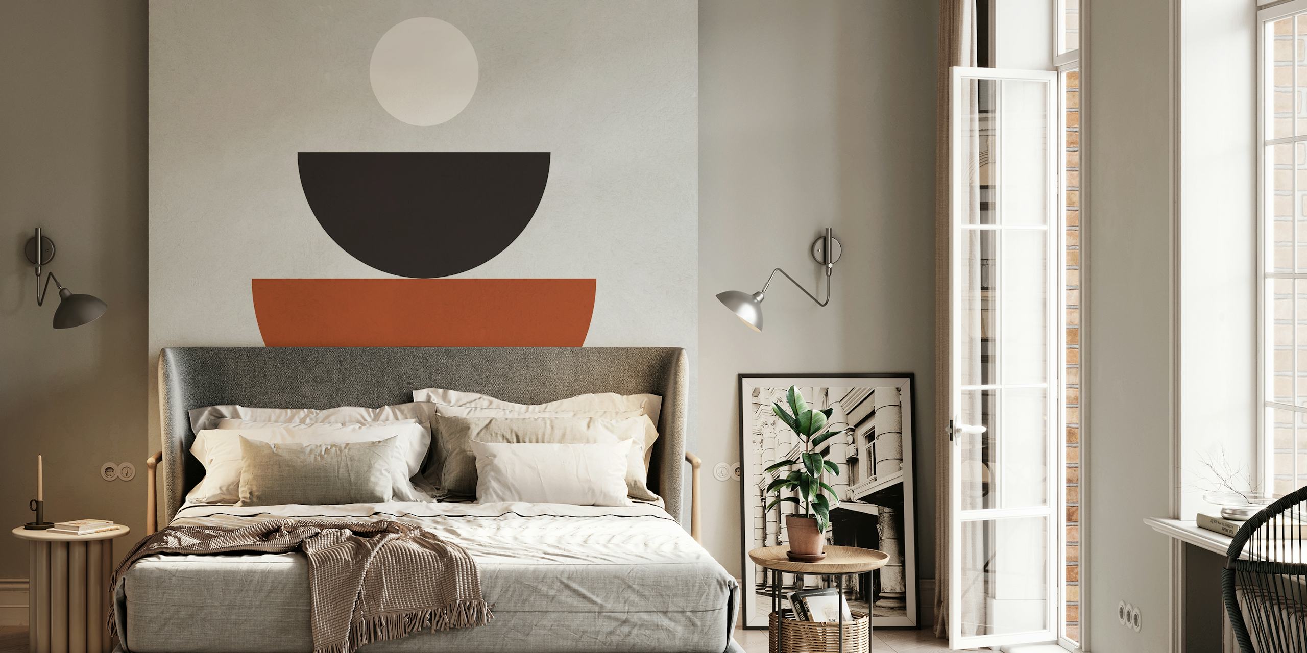 Geometric shapes with circles and lines in black, brown, and white wallpaper