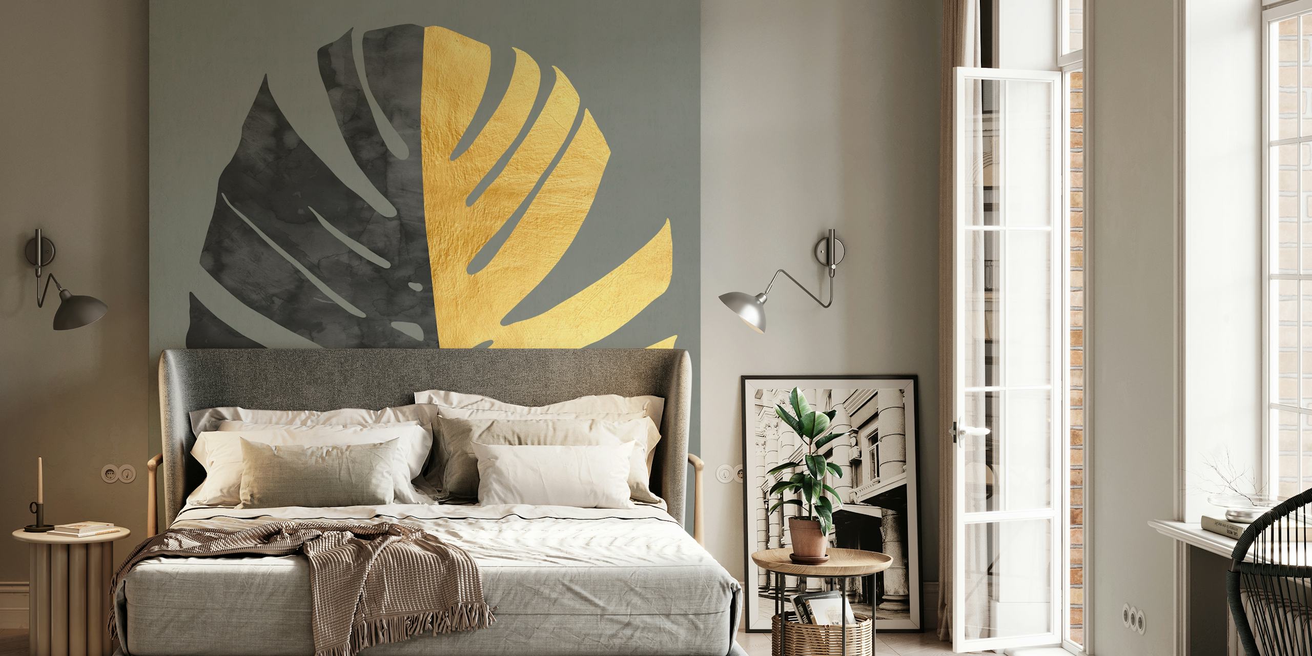 Papel de parede Golden tropical leaf em um quarto