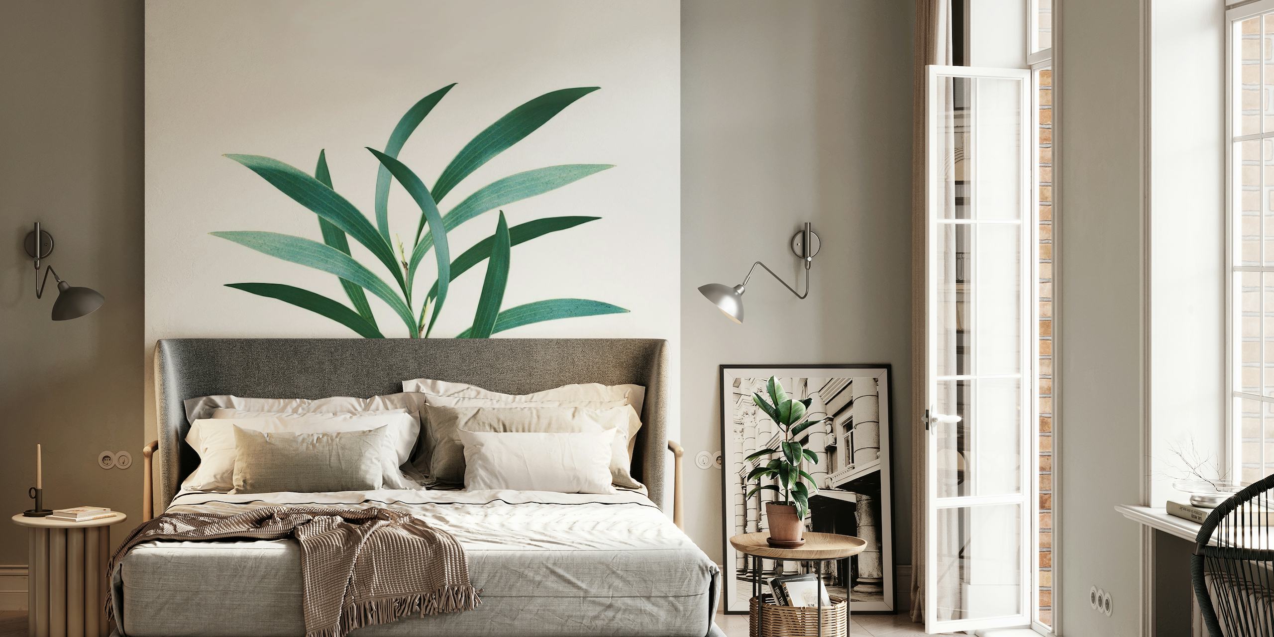 Wandgemälde mit Eukalyptusblättern auf klarem Hintergrund