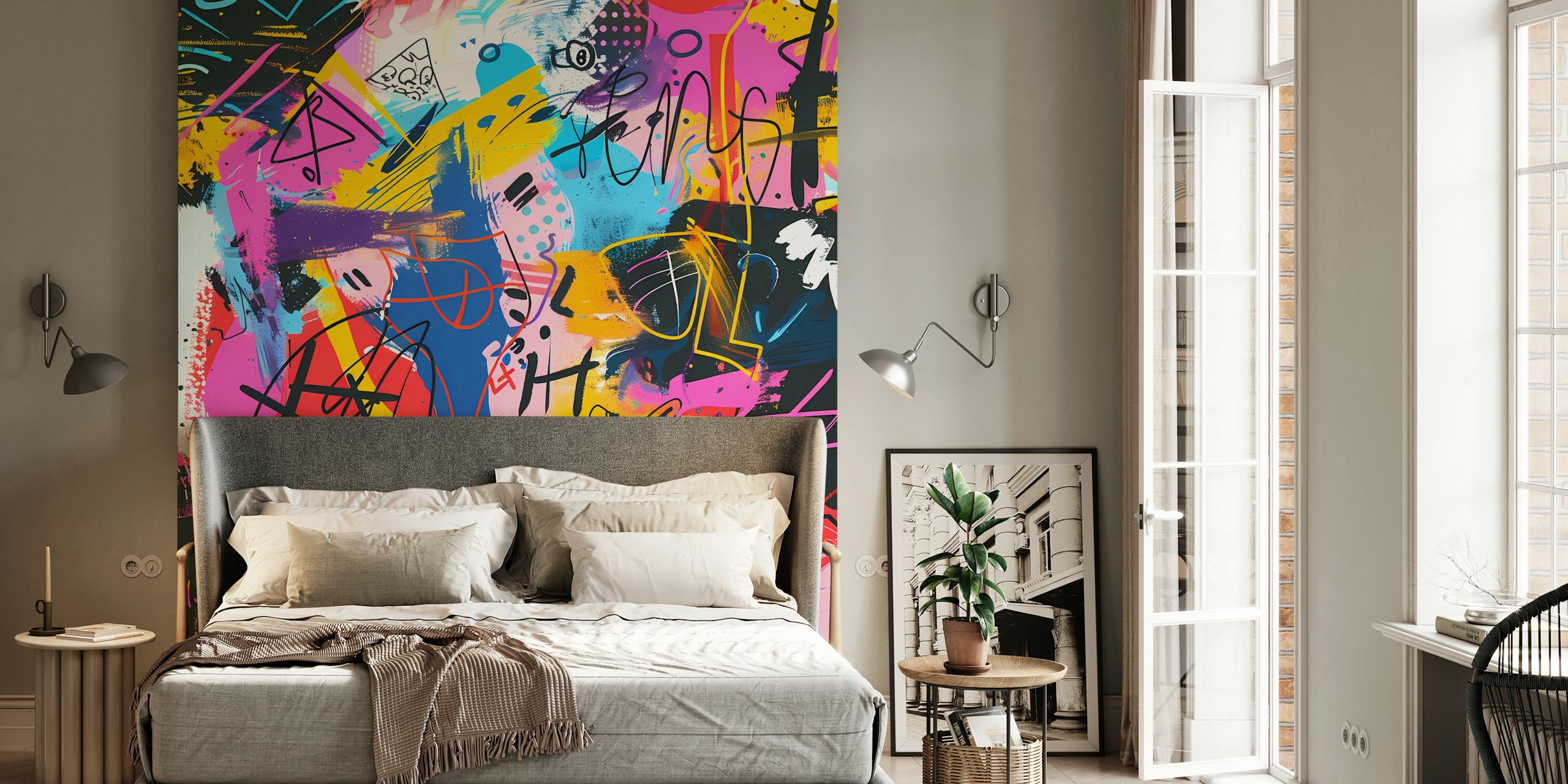 Colorful abstract graffiti patterns in pink, blue, and yellow wallpaper