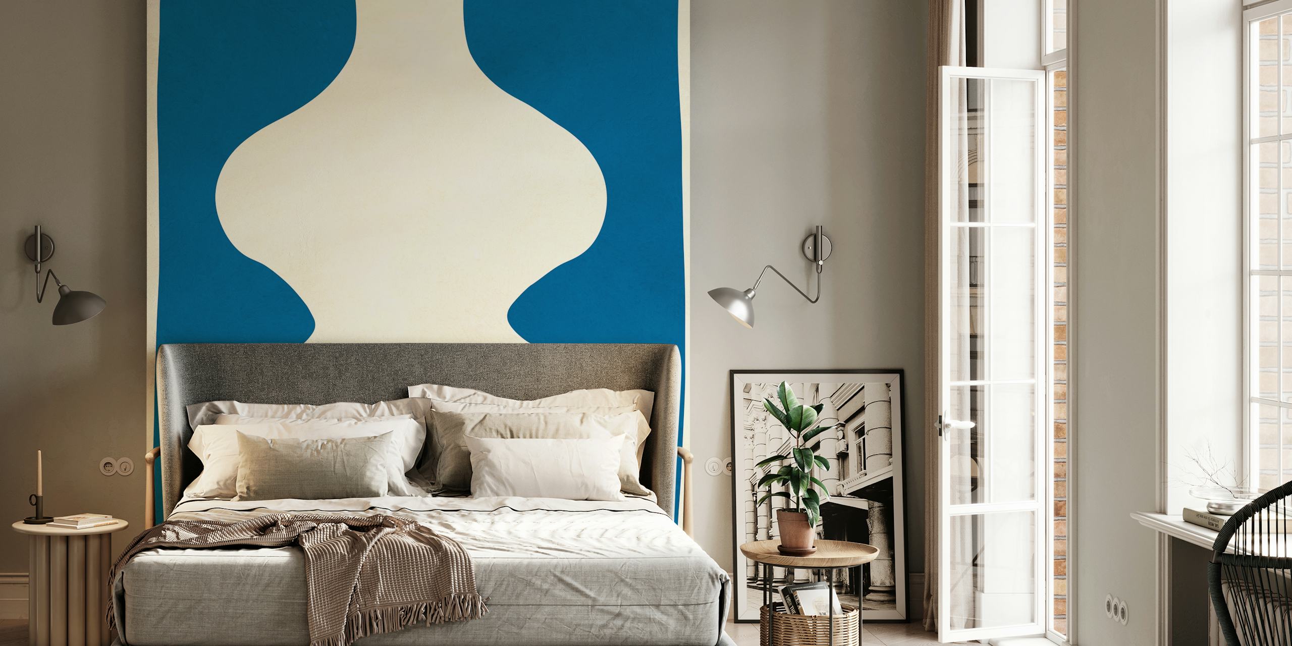 Abstract vase design in blue and cream colors wallpaper