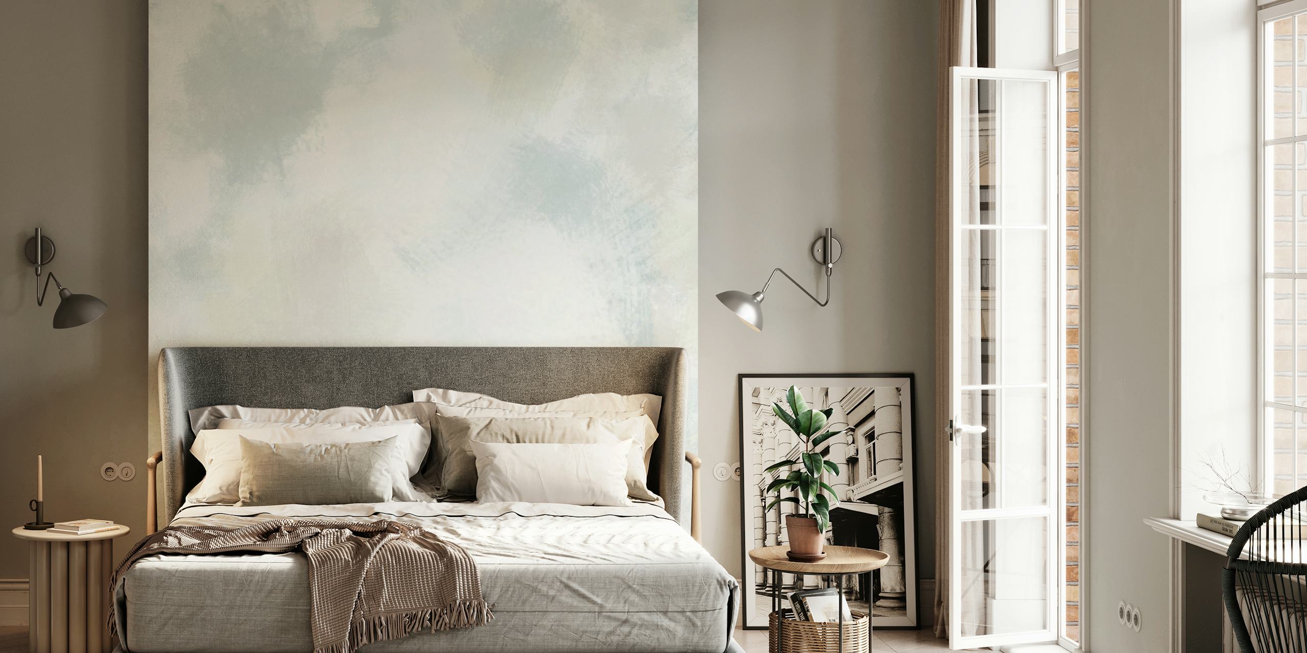 Soft abstract brush strokes in light blue and white wallpaper