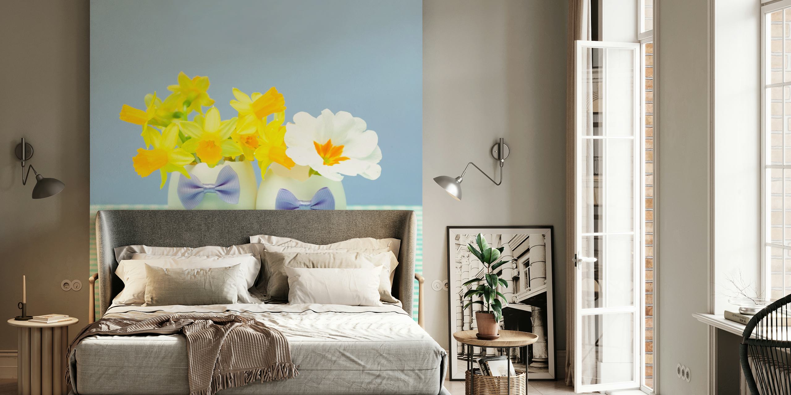 Colorful flower and egg arrangements on pastel wallpaper