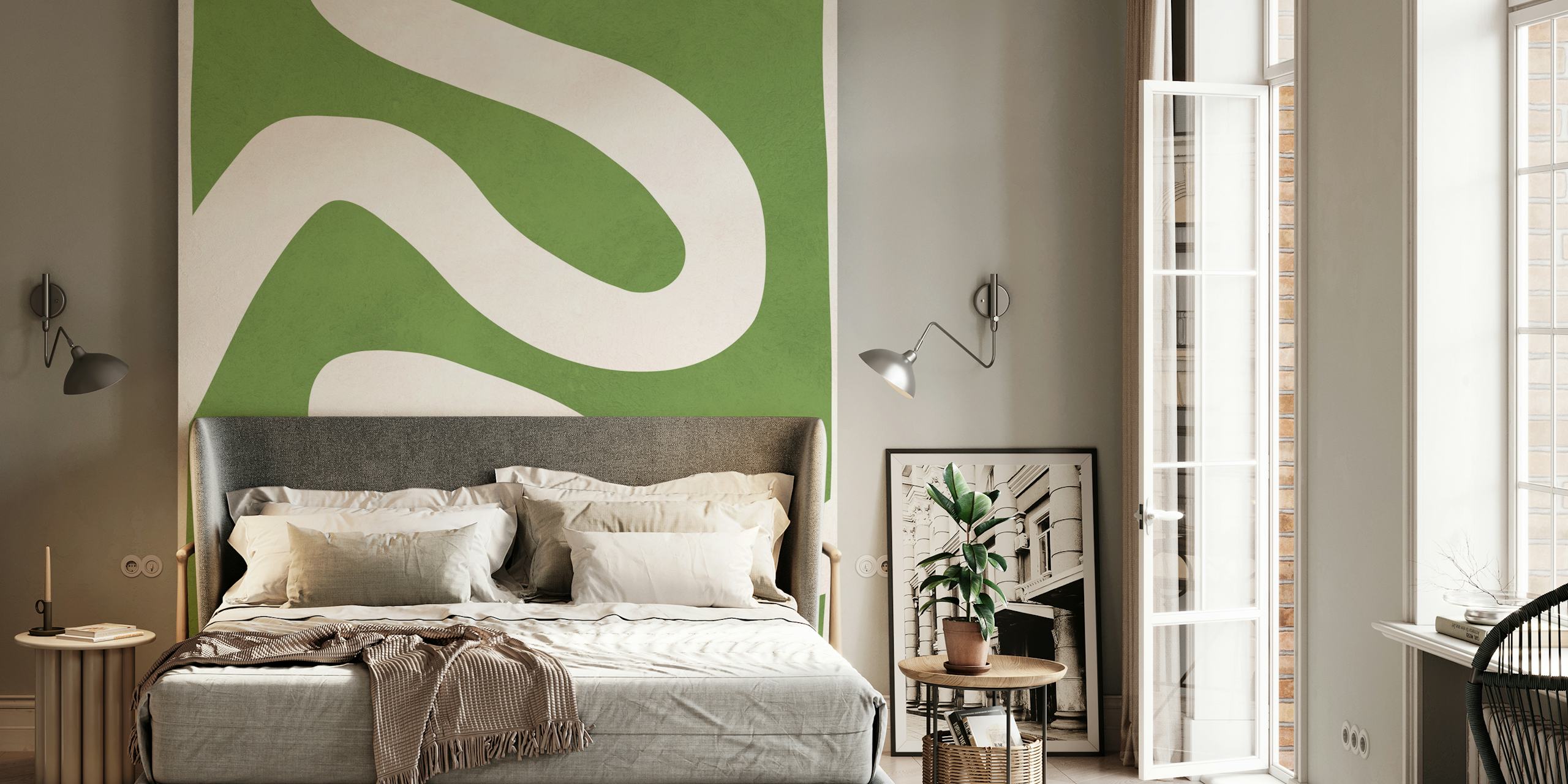 Papel de parede verde abstrato com linhas em uma sala